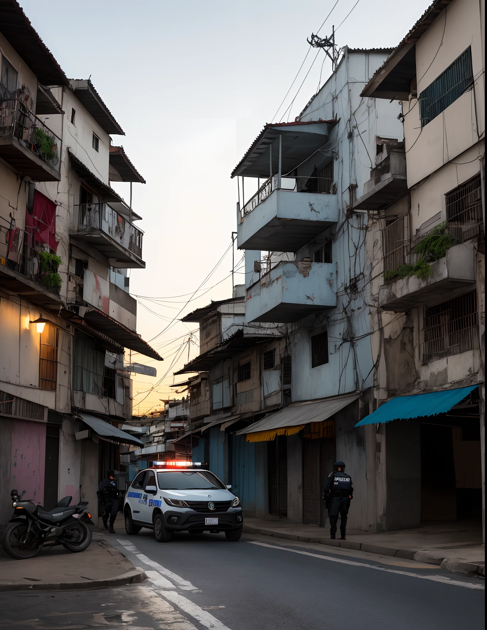 Create a realistic image of a Military Police vehicle of the State of São Paulo in front of a favela gripped by chaos and terror. The image is expected to have two police officers disembarked, um do lado do motorista e o outro do lado do passageiro e, Both will have the appearance of a skull. The sky should be in a mood of sunset, amarelado/avermelhado.