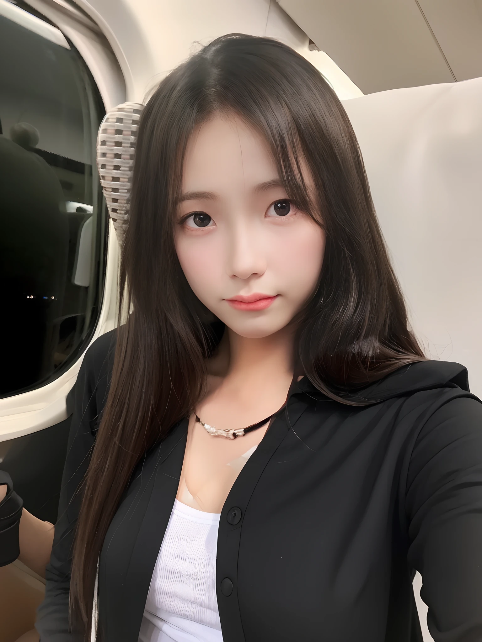 Female upper body、Women's Black Shirts、Women's White Inner Shirt、the chest is slightly open、