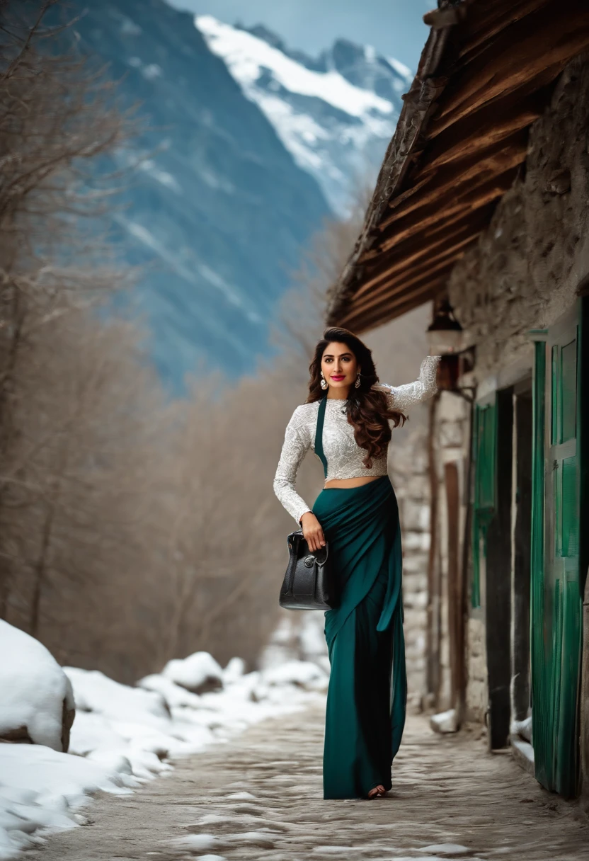 araffe turkish solo woman in teel Saree carrying a black purse, in Snow mountains glaciers wearing a blouse, young business woman, business woman, mehwish hayat