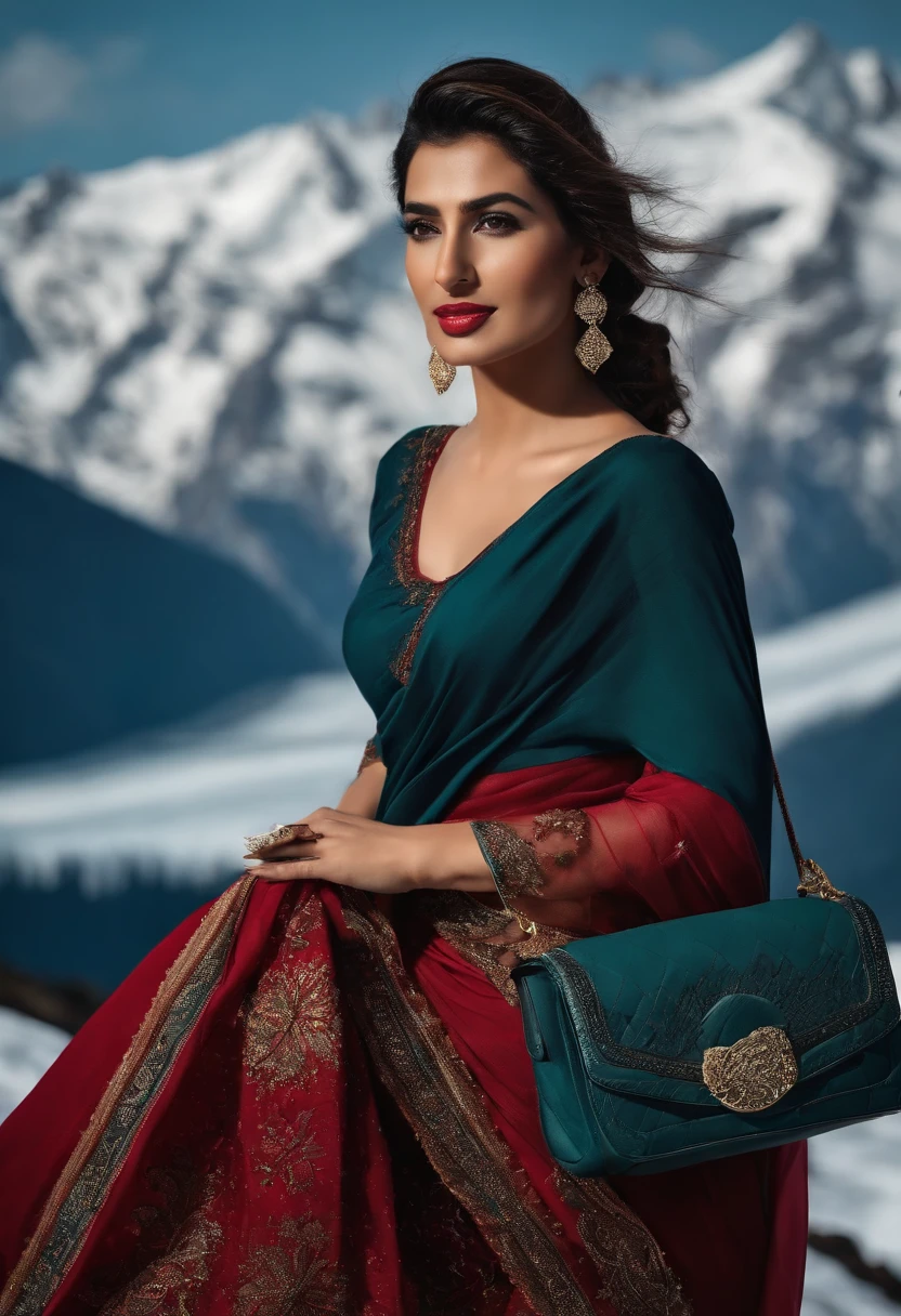 araffe turkish solo woman in teel Saree carrying a black purse, in Snow mountains glaciers wearing a blouse, young business woman, business woman, mehwish hayat
