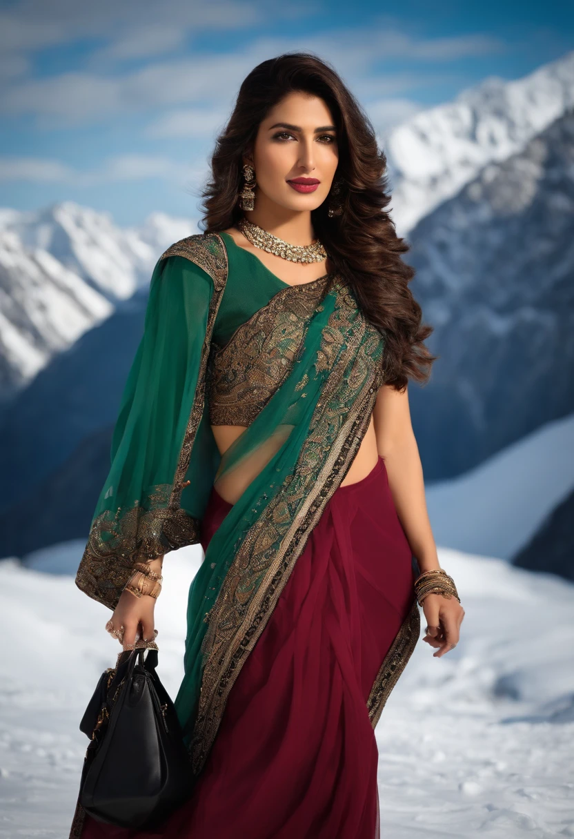 araffe turkish solo woman in teel Saree carrying a black purse, in Snow mountains glaciers wearing a blouse, young business woman, business woman, mehwish hayat