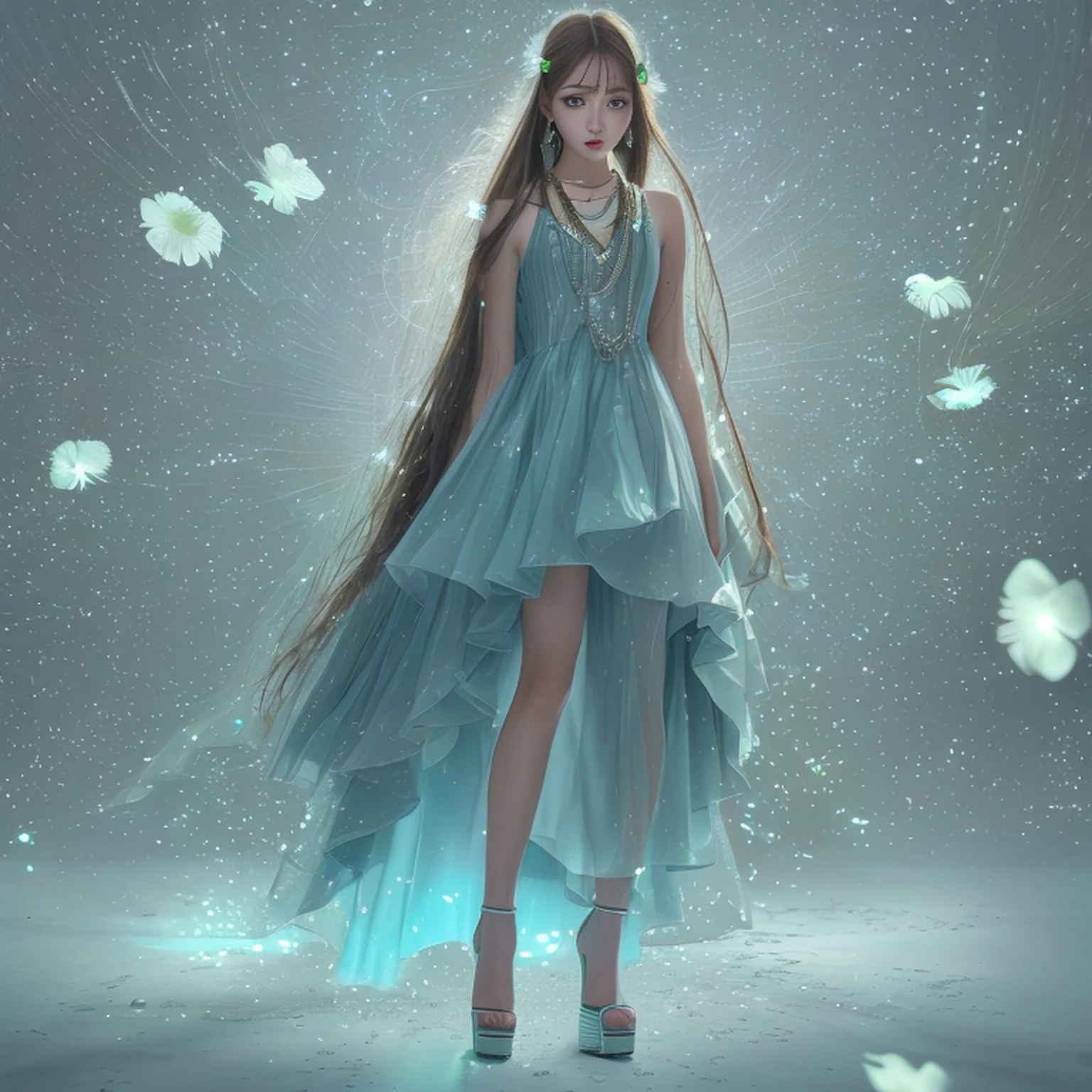 (8k, RAW photo:1.2),1 girl,(long hair:1.31),earrings, hair rings, necklace, cinematic lighting, best quality, ultra high res, (photorealistic:1.3), POV ,(solo:1.1), (looking at viewer:1.331),(parted lips:1.1), (eyelashes:1.1), (happy:1.21), (depth of field:1.1), lens flare, (chromatic aberration:1.1), (caustics:1.1), (scattered luminous petals:1.331), ulzzang-6500-v1.1,(((dream asymmetric dress))),(((full body))),((high heels))