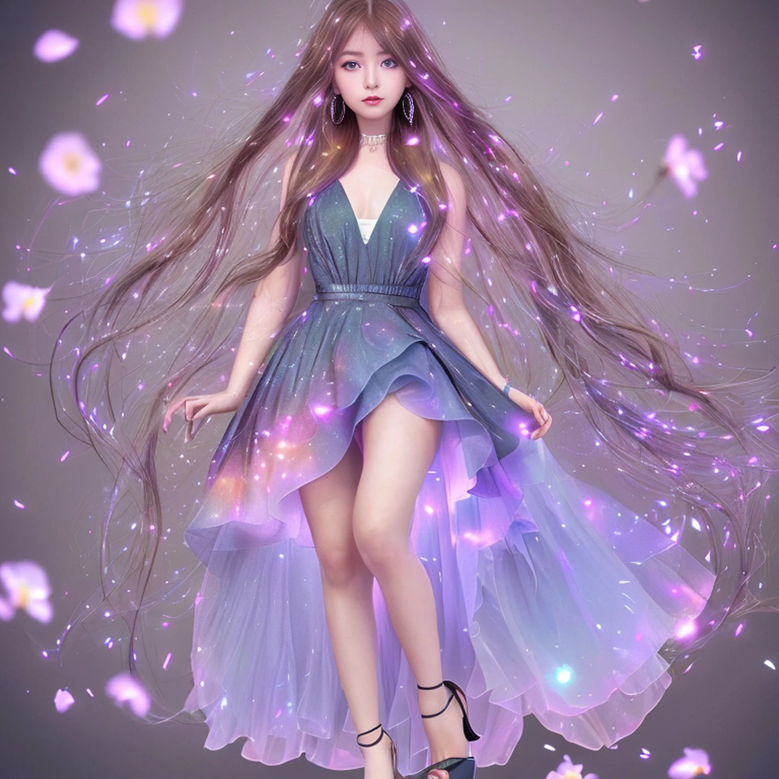 (8k, RAW photo:1.2),1 girl,(long hair:1.31),earrings, hair rings, necklace, cinematic lighting, best quality, ultra high res, (photorealistic:1.3), POV ,(solo:1.1), (looking at viewer:1.331),(parted lips:1.1), (eyelashes:1.1), (happy:1.21), (depth of field:1.1), lens flare, (chromatic aberration:1.1), (caustics:1.1), (scattered luminous petals:1.331),  ulzzang-6500-v1.1,(((dream asymmetric dress))),(((full body))),((high heels))