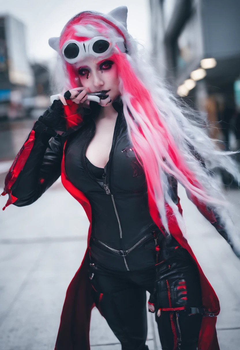 Araffe als Schneewittchen verkleidet mit roter Schleife und roter Schleife, beautiful vampire queen, Realistisches Cosplay, Marceline aus Adventure Time, anime girl cosplay, 4K HD Schneeweißes Hair, beautiful vampire queen, Schneewittchen als D &D-Fighter, Schneewittchen, Cosplay-Anime, Cosplay, Vampir Carmilla, mit langen dunklen Haaren, on the street,zerrissene Kleidung,big boobs