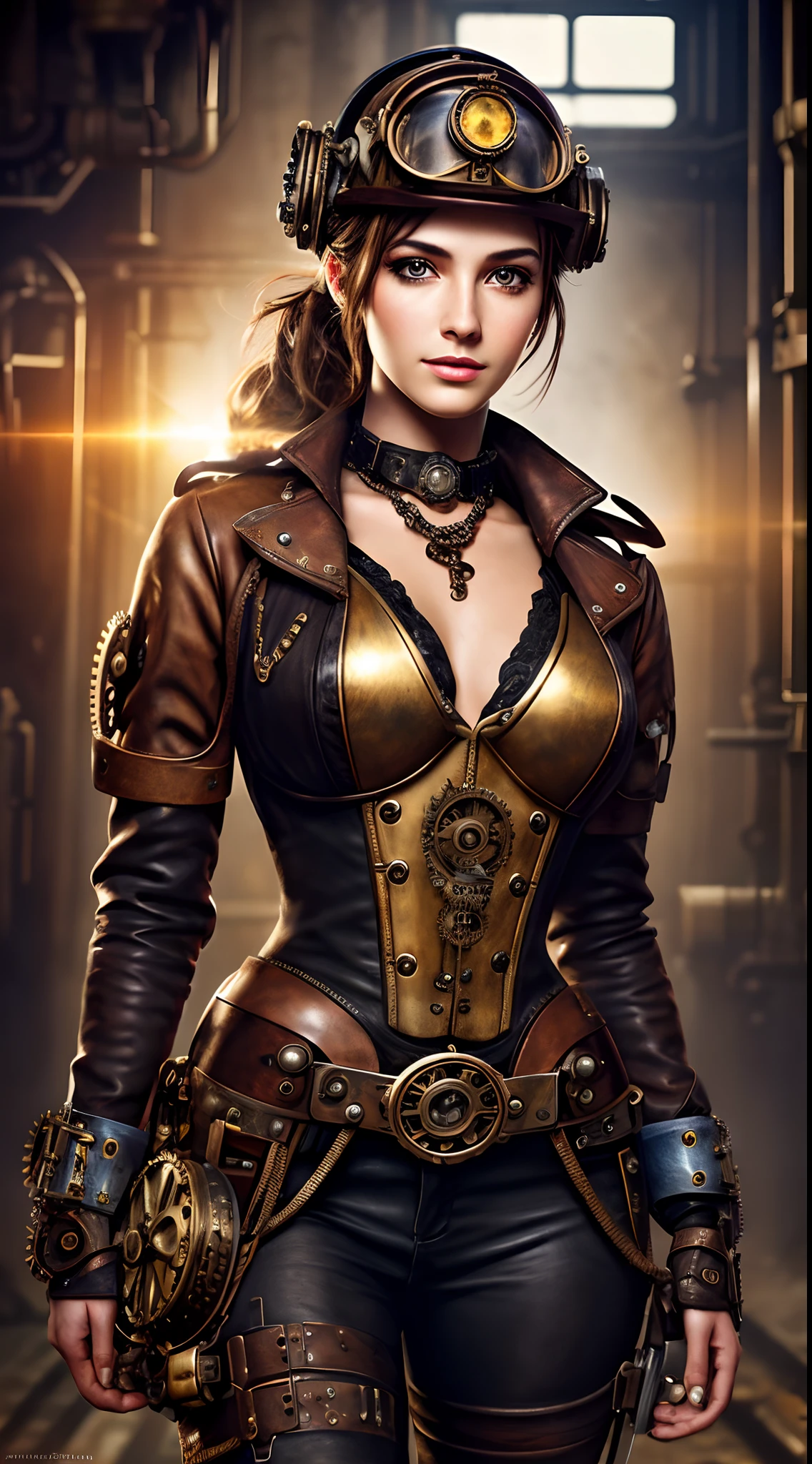 portrait,female,steampunk engineer,brilliantly detailed eyes,feminine attire,mechanical gears,industrial backdrop,goggles,helmet with gears,steampunk accessories,welding tools,creative hairstyle with steampunk elements,distinctive makeup,lens flare effect,vibrant color palette,impeccable lighting,gritty texture,professional masterpiece:1.2,ultra-fine painting,realistic,photorealistic:1.37,steampunk style.