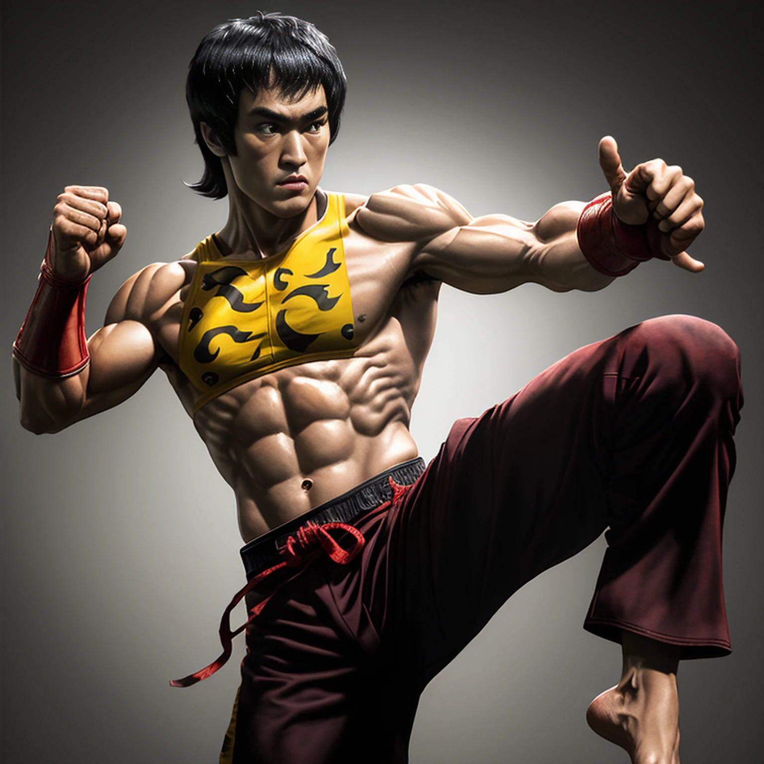 ator ((bruce lee)) como Liu Kang, Kombat mortal, headband red, black pants with red stripes, fogo no fundo, intrincado, High detail, foco nítido, Dramatic, arte de pintura fotorrealista por greg Rutkowski