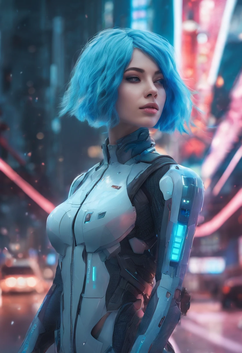 2 Girls with Blue Hair and, small tits in a City walking Si-fi, UHD, masterpiece, anatomically correct, ccurate, textured skin, super detail, high details, high quality, best quality, highres, 8k