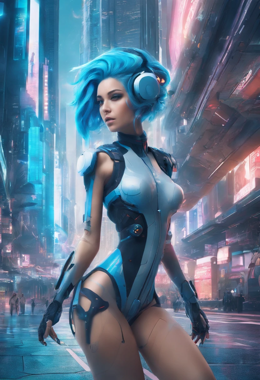 2 Girls  with Blue Hair and, small tits in  a City walking  Si-fi, UHD, masterpiece, anatomically correct, ccurate, textured skin, super detail, high details, high quality, best quality, highres, 8k