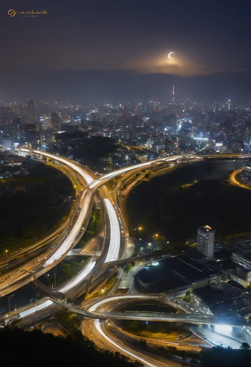 Giant crescent moon、high-level image quality、raw、Standing at Tokyo Skytree、20-year-old woman、nighttime scene、Milky Way Galaxy、Andromeda Nebula、Meteor swarm、(((Saturn is visible)))、(((Looking up at the Tokyo skyline)))、Flowing Lines of Light、Metropolitan Expressway Junction、(((Looking up at Hakozaki Junction from below)))、Rainbow Bridge、Planetary approach