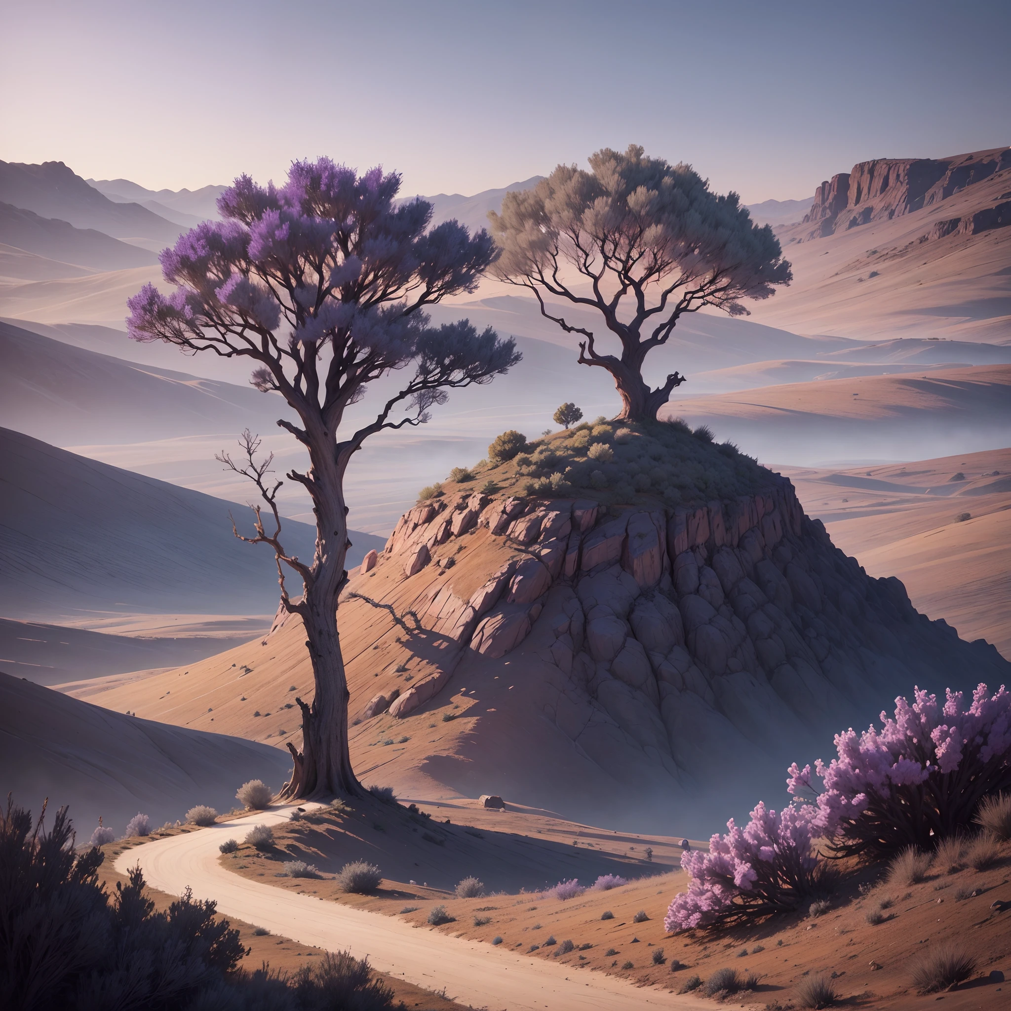 Realistic landscape, field landscape with cotton vegetation, dry trees without leaves, branches in the field, branches and purple flowers in the field, landscape with dry trees, dead landscape, twisted trees, night landscape, at night, ultra-realistic photo. Dry trees, twisted dry trees, background, character sheet, dry trees, fog, lots of fog. victorian house, house vitorian.