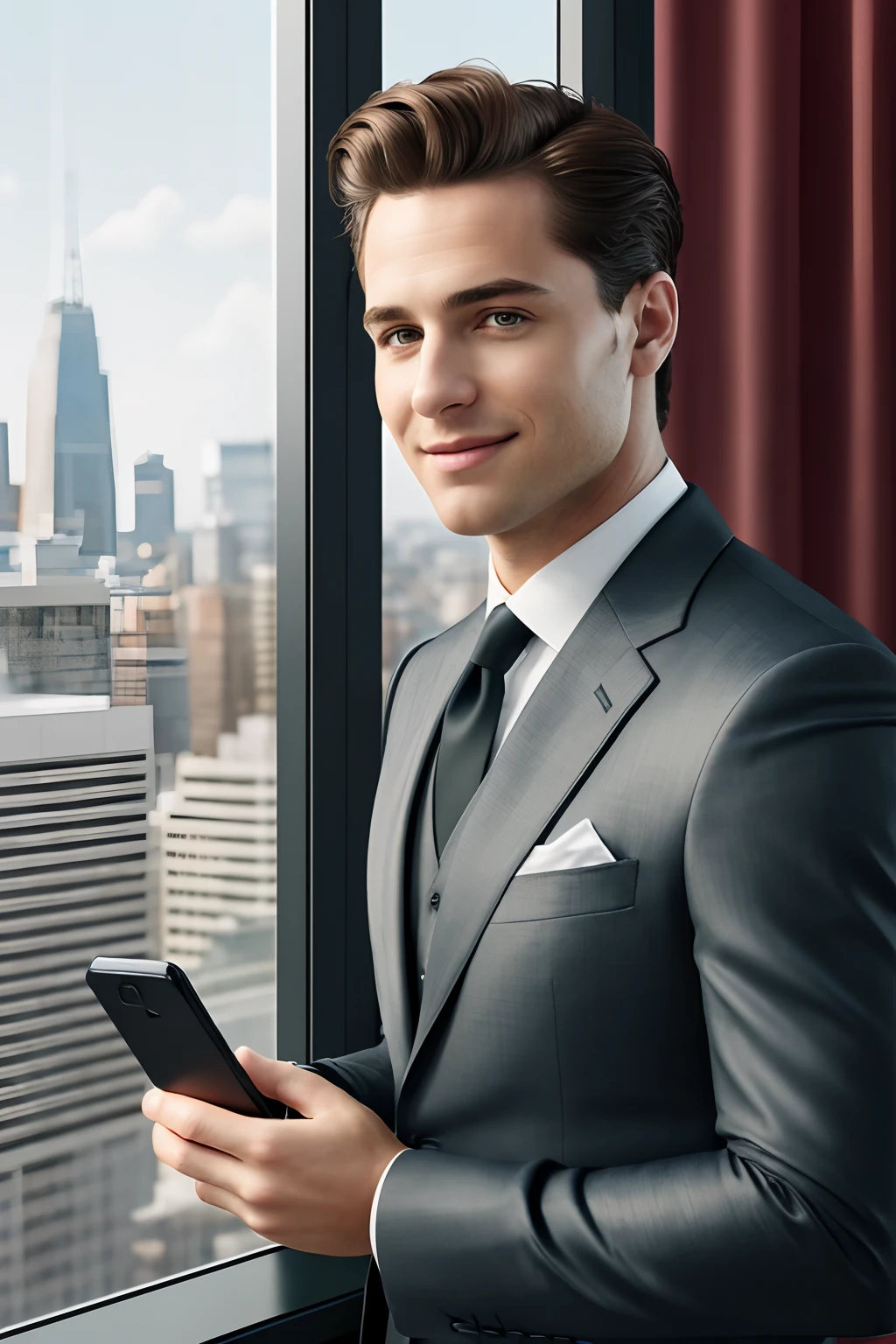 (best quality,4k,8k,highres,masterpiece:1.2),ultra-detailed,(realistic,photorealistic,photo-realistic:1.37),young,wealthy businessman taking a selfie,expensive suit,dapper appearance,confident smile,stylish haircut,modern smartphone,impressive office backdrop,city skyline through the window,professional lighting,sharp focus,luxurious lifestyle,enterprising spirit,vibrant colors,warm color tones