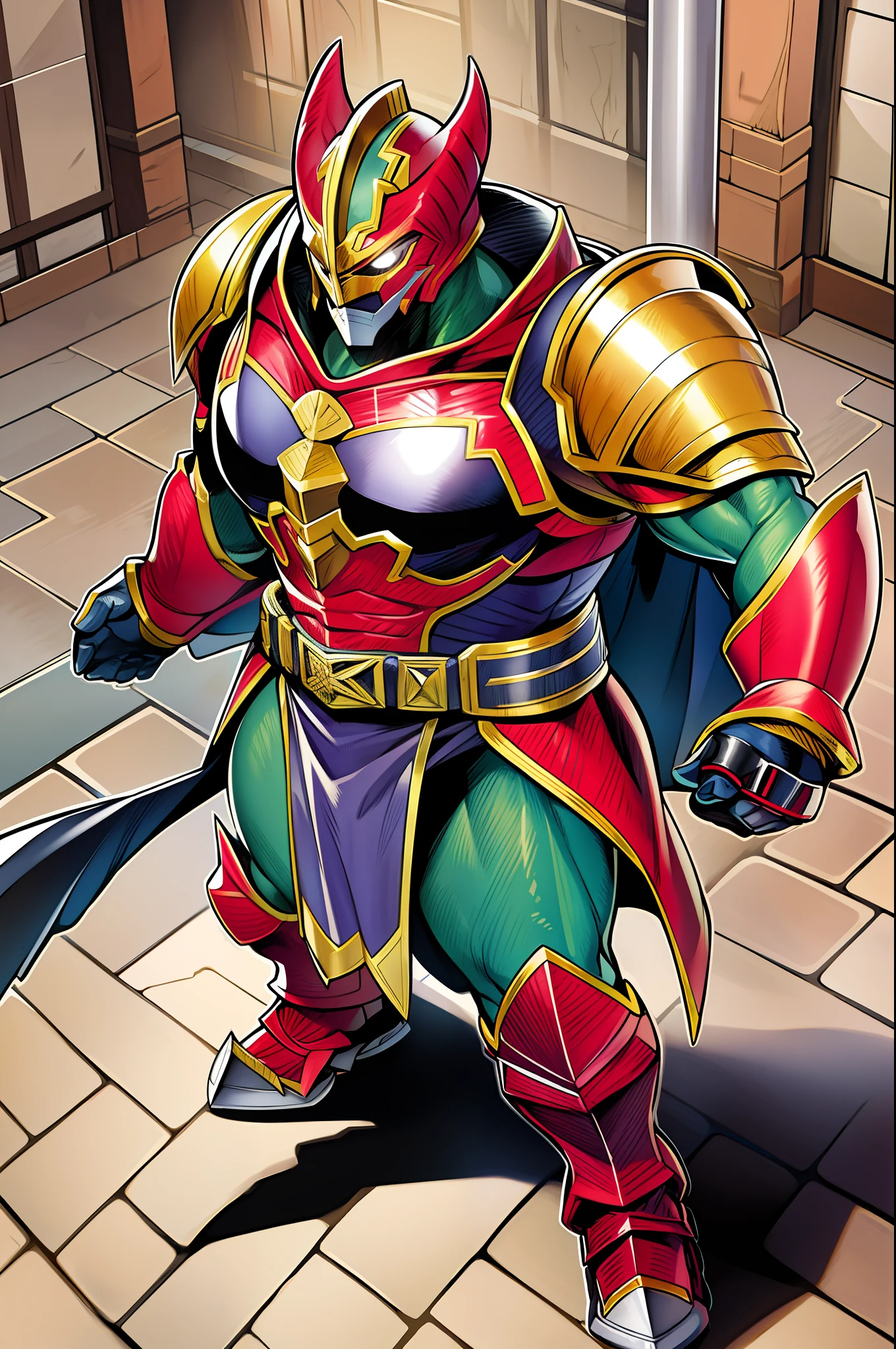 sentai villain, ogre, monster, metal hero, orc, ogre, clothed, armored, anthro, cape, standing, solo focus, demon