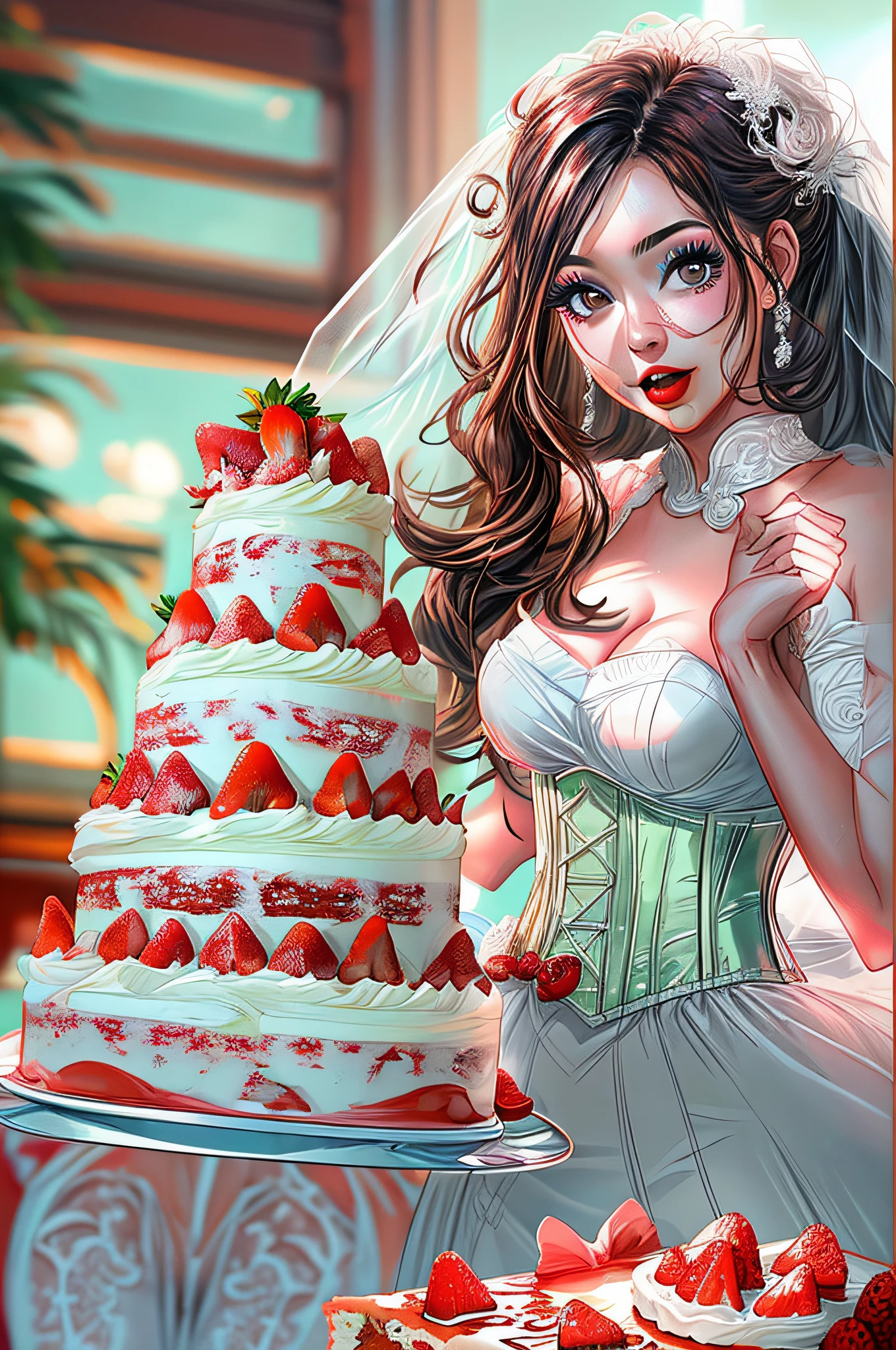 a picture of a extremely (beautiful bride: 1.5)  having the wedding looking at (red MasterChef style cake: 1.5), a beautiful young woman, dynamic hair, elegant make up, (wearing an exquisite elegant sexy wearing white corset: 1.2), wearing white stockings, holding the (cake smashed in to her face: 1.5), looking at (red MasterChef style cake: 1.5), strawberries falling on the dress, a look of surprise,  wedding hall background, dynamic angle, soft lightning, dynamic angle, best details, best quality, 16K, [ultra detailed], masterpiece, best quality, (ultra detailed), full body, ultra wide shot, photorealistic, 2.5D rendering