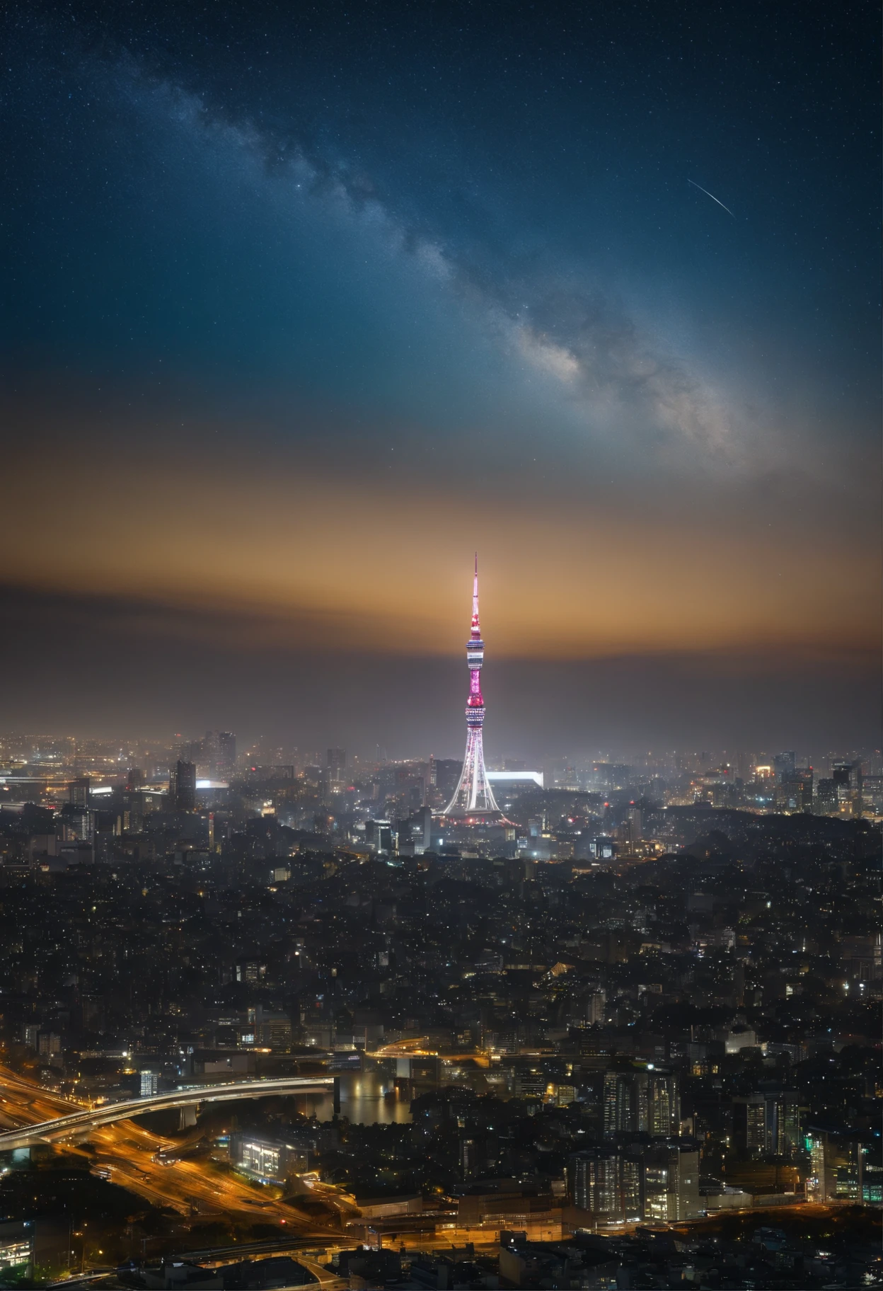 Giant crescent moon、high-level image quality、raw、Standing at Tokyo Skytree、20-year-old woman、nighttime scene、Milky Way Galaxy、Andromeda Nebula、Meteor swarm、(((Saturn is visible)))、(((Looking up at the Tokyo skyline)))、Flowing Lines of Light、Metropolitan Expressway Junction、(((Looking up at Hakozaki Junction from below)))、Rainbow Bridge、Planetary approach