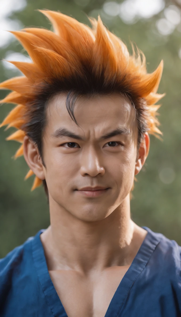 ((goku)),masterpiece, (((realistic, 8k, best quality))),realistic, asian male, smile, gi, orange gi,  dark blue short-sleeved undershirt,grin