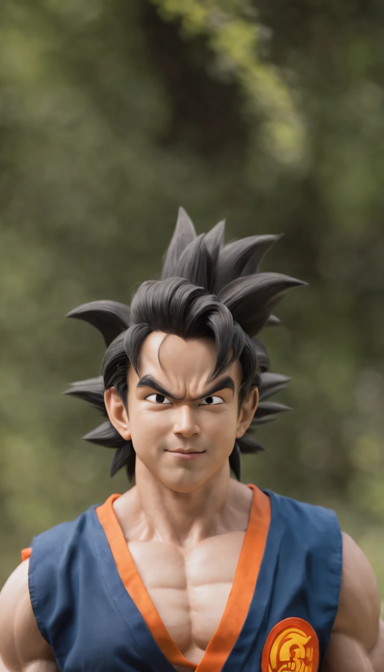 ((goku)),masterpiece, (((realistic, 8k, best quality))),realistic, asian male, smile, gi, orange gi, dark blue short-sleeved undershirt,grin