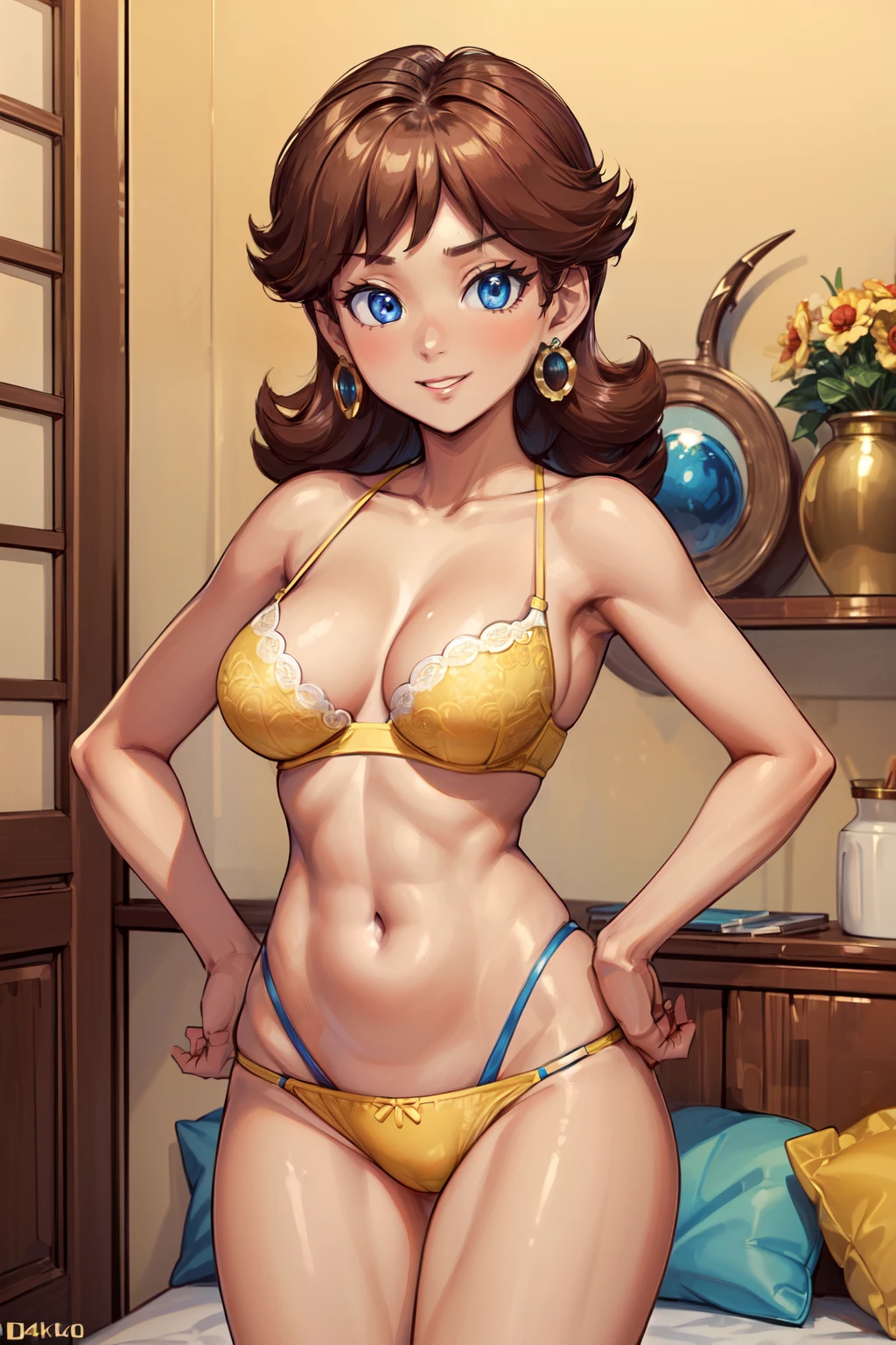 ((high detailed, best quality, 4k, masterpiece, hd:1.3)), dsy, blue eyes, yellow bra, yellow panties, smirk, smooth skin, earrings, dark tan skin, upper body, close-up, hands on hips, in bedroom, breasts