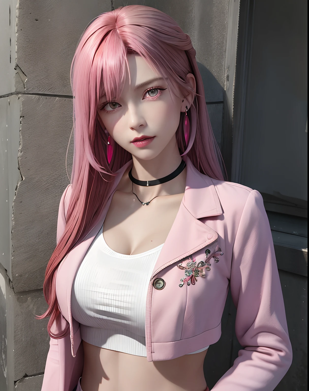 (masterpiece, best quality, 1girl, solo, intricate details, chromatic aberration), realistic, ((medium breath)),long hair, pink hair, red head ornament, pink highlights, hair over one eye,purple eyes, earrings, sharp eyes, choker, neon shirt, open jacket, crop top, (symmetry eyes),(perfect symmetrical body),against wall, brick wall, graffiti, dim lighting, alley ,look at viewer