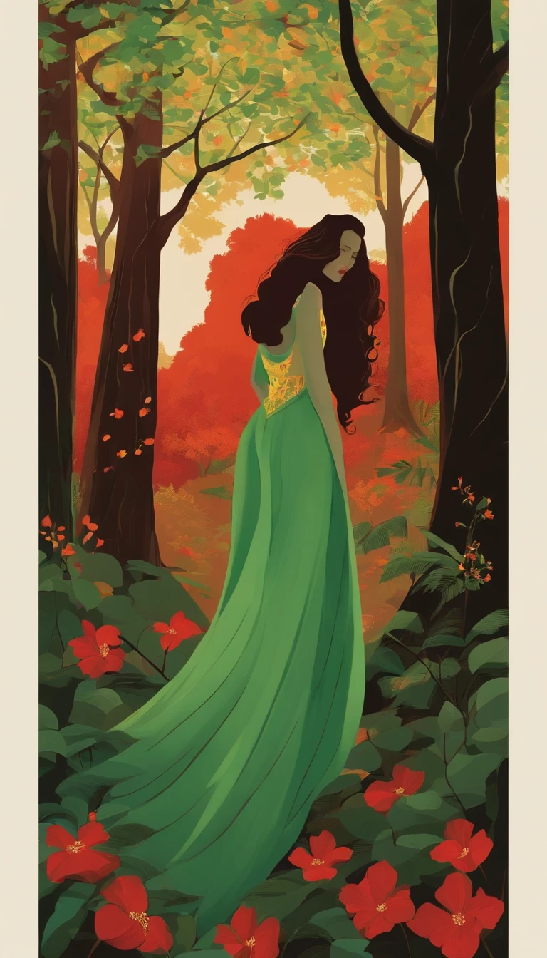 Uma mulher , pele clara um casaco vermelho senta-se em um penhasco . 10 metros，A tree at the back looks out over the beautiful green woods