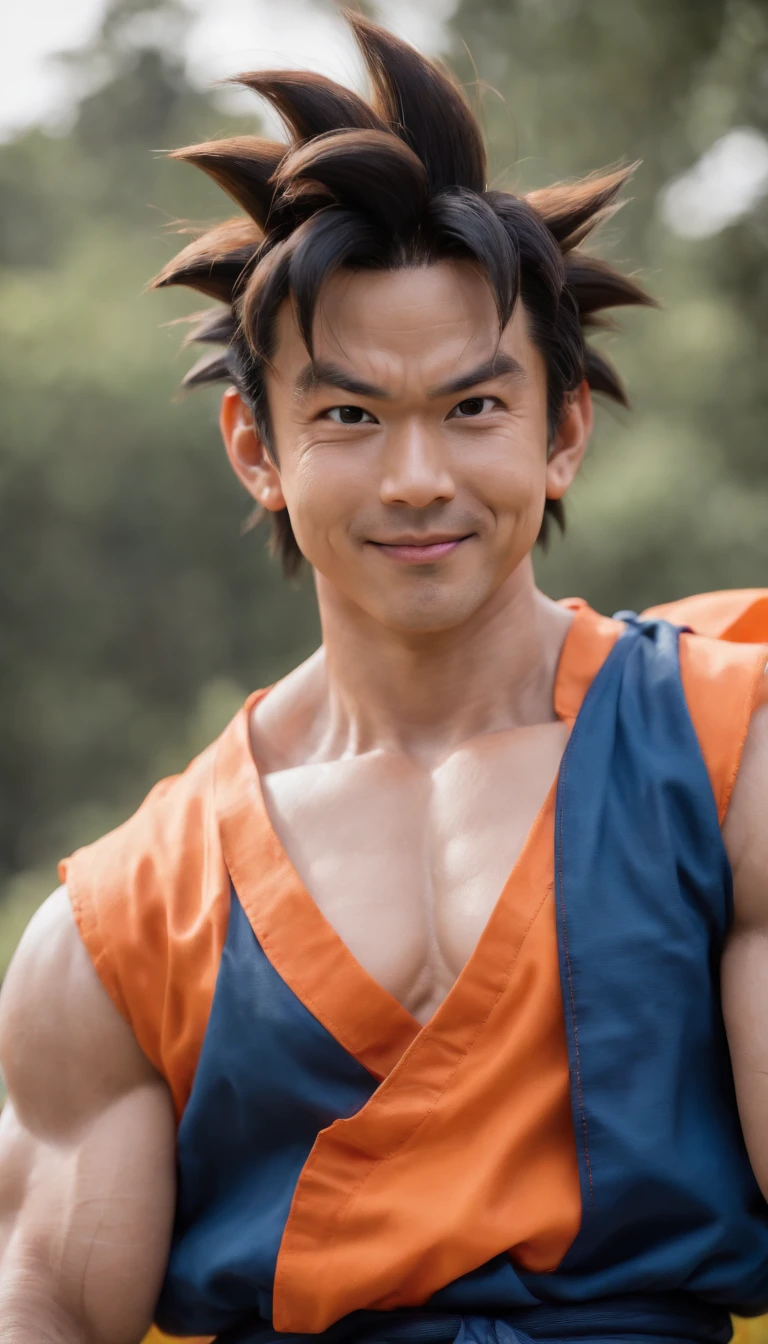 ((goku)),masterpiece, (((realistic, 8k, best quality))),realistic, asian male, smile, gi, orange gi, dark blue short-sleeved undershirt,grin