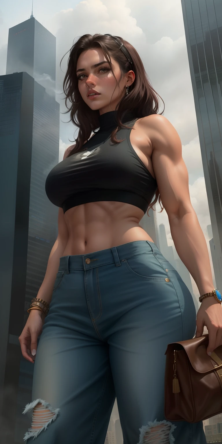 "A towering Giantess in a cool and laid-back hippie style is rocking a crop top and baggy pants. Her toned and athletic build hints at her massive strength. She seems to be casually strolling through the bustling cityscape of GTS City, as towering buildings loom overhead. Smoke and clouds roil around her, adding to the sense of epic scale and drama. The lighting is dark, gloomy, and realistic, creating a tense and ominous atmosphere. The perspective is from below, emphasizing the sheer majesty and power of the Giantess."aicolor0bn