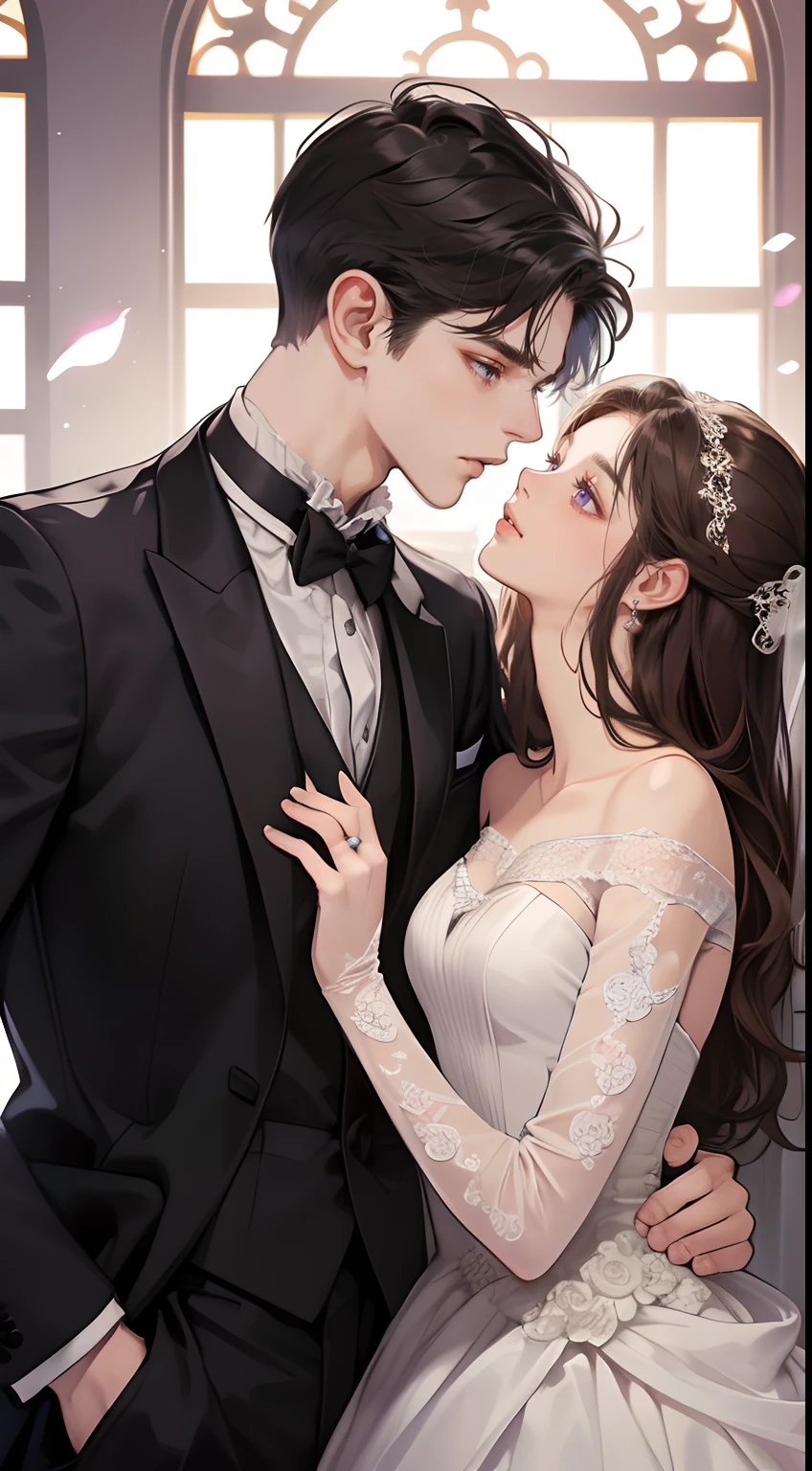 Happy couple, 1 girl 1 boy, different hair color, extremely detailed face, Long black bang hair with twist and purple eyes, short dark brown hair and dark grey eyes, face to face, 25 years old, Victorian era, (girl wears a black wedding dress), (boy wears a suit), dim light, boy is a king, boy is taller, in a wedding, dark purple eyes girl.