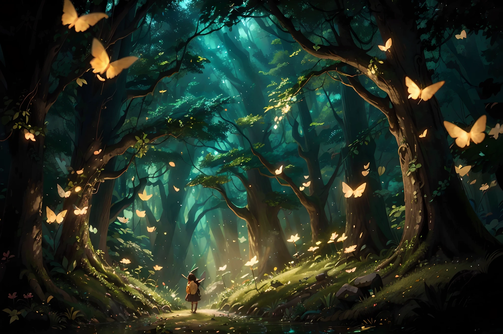 (best quality,4k,8k,highres,masterpiece:1.2),ultra-detailed,(realistic,photorealistic,photo-realistic:1.37),enchanted forest,beautiful fairies,dense foliage,sunlight filtering through the trees,magical creatures,floating butterflies,colorful flowers and plants,mystical ambiance,ethereal beings,sparkling waterfalls,whimsical atmosphere,soft and dreamlike lighting,peaceful and serene,mythical creatures,dappled sunlight,enchanted animals,hidden treasures,birds singing,dancing fireflies,harmonious colors,tranquil atmosphere,majestic trees,twinkling stars,enchanted flowers,golden rays of sunlight,ethereal music,filled with wonder and magic,soft shadows and highlights,lush greenery,sparkling dewdrops,peaceful solitude,magical glow,secluded clearing,harmonious blend of nature and fantasy,gentle breezes carrying enchanting scents,fantasies come to life,natural beauty,every leaf shines like a jewel,secret pathways and winding trails,enchanting whispers,vibrant hues,dreamy and otherworldly.

Be aware of：
1. In the description "Floresta Encantada"（Enchanted Forest）When this subject，I've added some key descriptors，如“beautiful fairies”，“dense foliage”等，to ensure that the resulting image contains these features。
2. I described a fantasy forest scene through keywords and phrases，And added some magic and fantasy elements，如“magical creatures”，"Floating butterflies", etc。
3. I added some keywords in terms of image quality and details，To ensure that the resulting images have high-quality detail and realism。
4. In terms of color tones and lighting，I describe some characteristics that match the fantasy scene，如“soft and dreamlike lighting”，“golden rays of sunlight”等。
5. Enfim，I used a few words to emphasize the quietness of the scene、Mysterious and dreamy qualities，如“peaceful and serene”，“whimsical atmosphere”等。