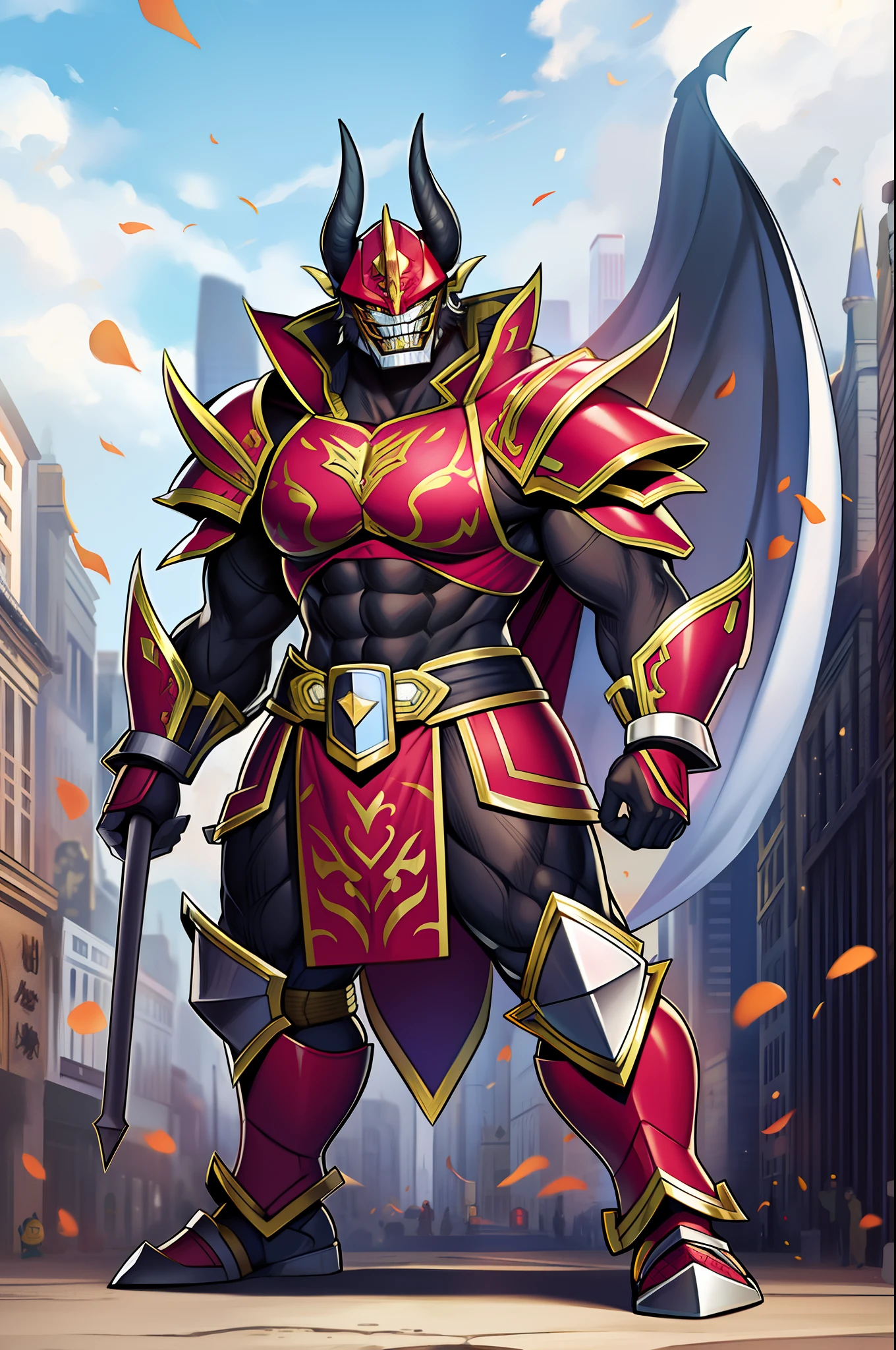 sentai villain, tiger, monster, metal hero, orc, ogre, clothed, armored, anthro, cape, standing, solo focus, demon
