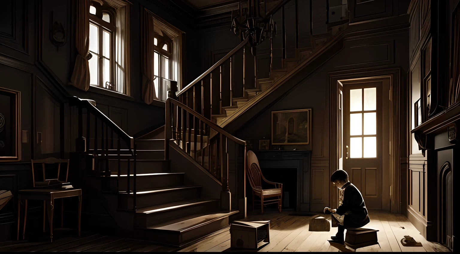 Create an image in the style of a haunted house, depicting an extremely eerie and terrifying scene in a room with a lit fireplace, burning candles, and an antique clock on the wall. Include a staircase leading to the second floor of the house and a 10-year-old boy dressed in 1950s school clothes, sitting on the floor, playing with his wooden toy car. Ensure that the composition exudes an overwhelmingly sinister atmosphere. Use a ((dark and unsettling color palette)) to enhance the haunting mood. Refer to artists known for their horror and macabre works, such as Francisco Goya, H.R. Giger, and Edgar Allan Poe's illustrations.