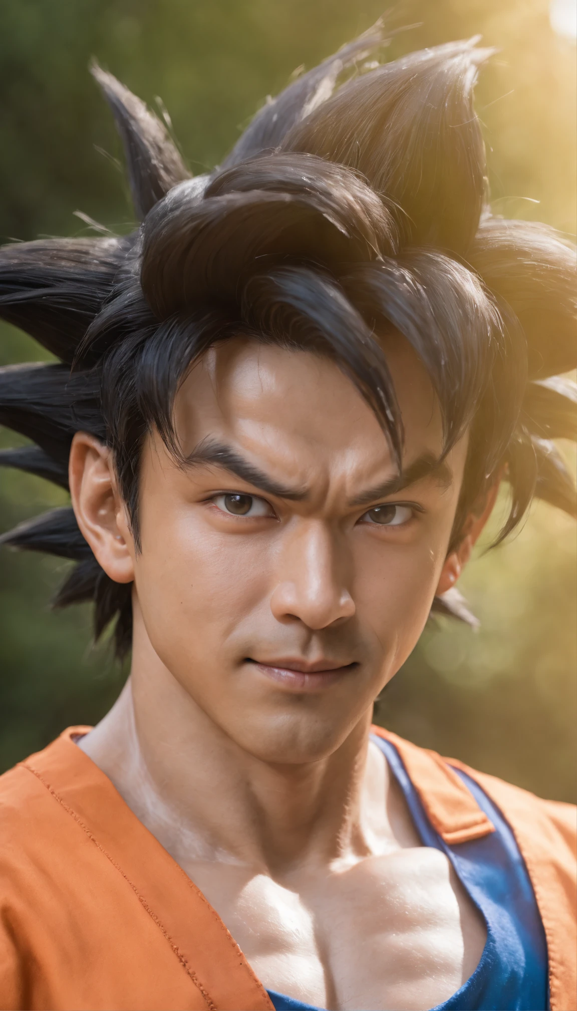 ((goku)),masterpiece, (((realistic, 8k, best quality))),realistic, asian male, smile, gi, orange gi, dark blue short-sleeved undershirt,grin