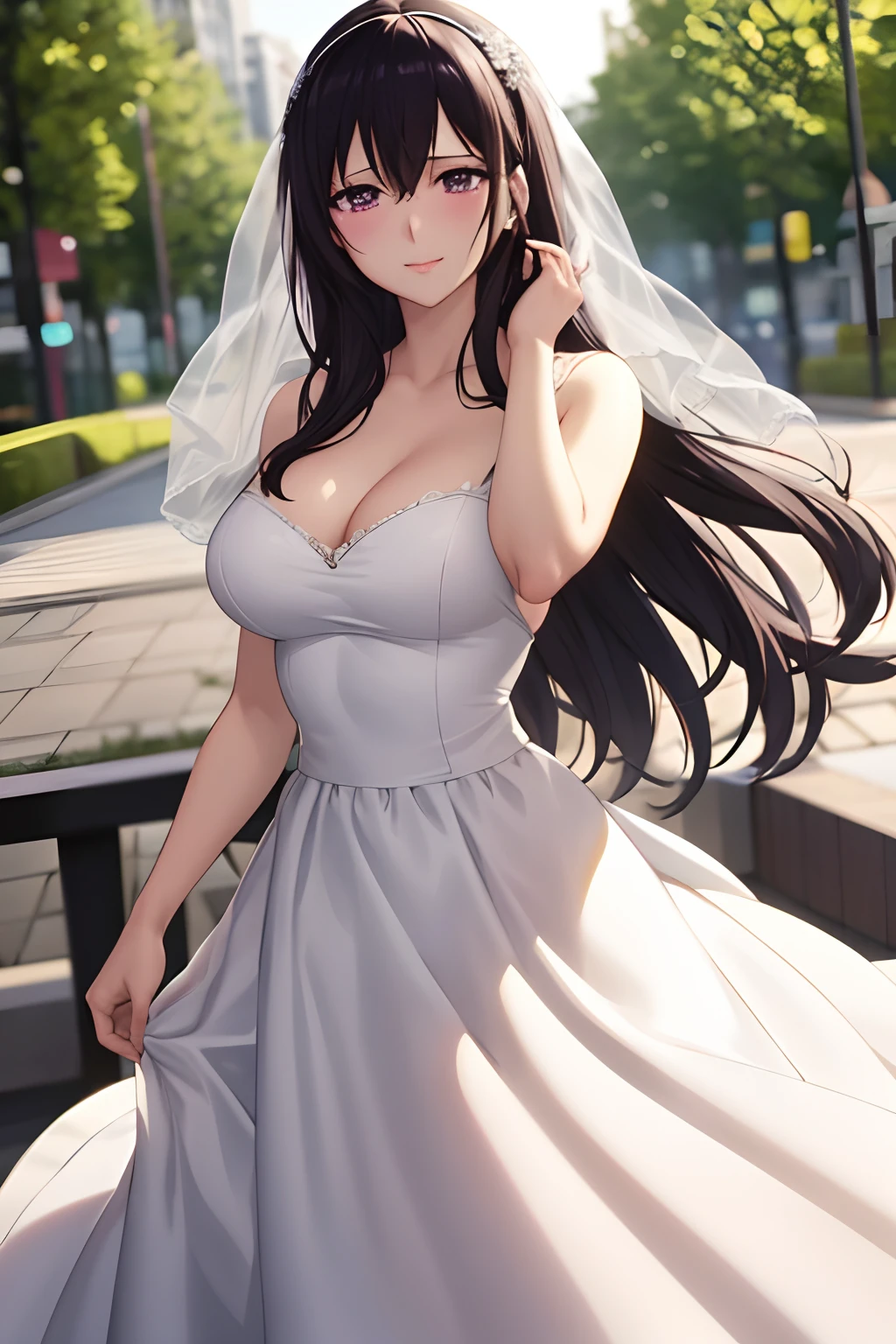 masterpiece, (best quality), 1woman,1girl ,aihara_mei,    long hair, black hair,   purple eyes , wedding Dress , white , princess ,    medium breasts,,sexy woman,  smile, blush, vibrant colors ,,natural lighting  ,RTX,  , beautiful, (detailed face:1.2), showcase, (perfect eyes:1.1) ,(photorealistic:1.1), 8k uhd,  looking at viewer,  outdoors,  simple backround