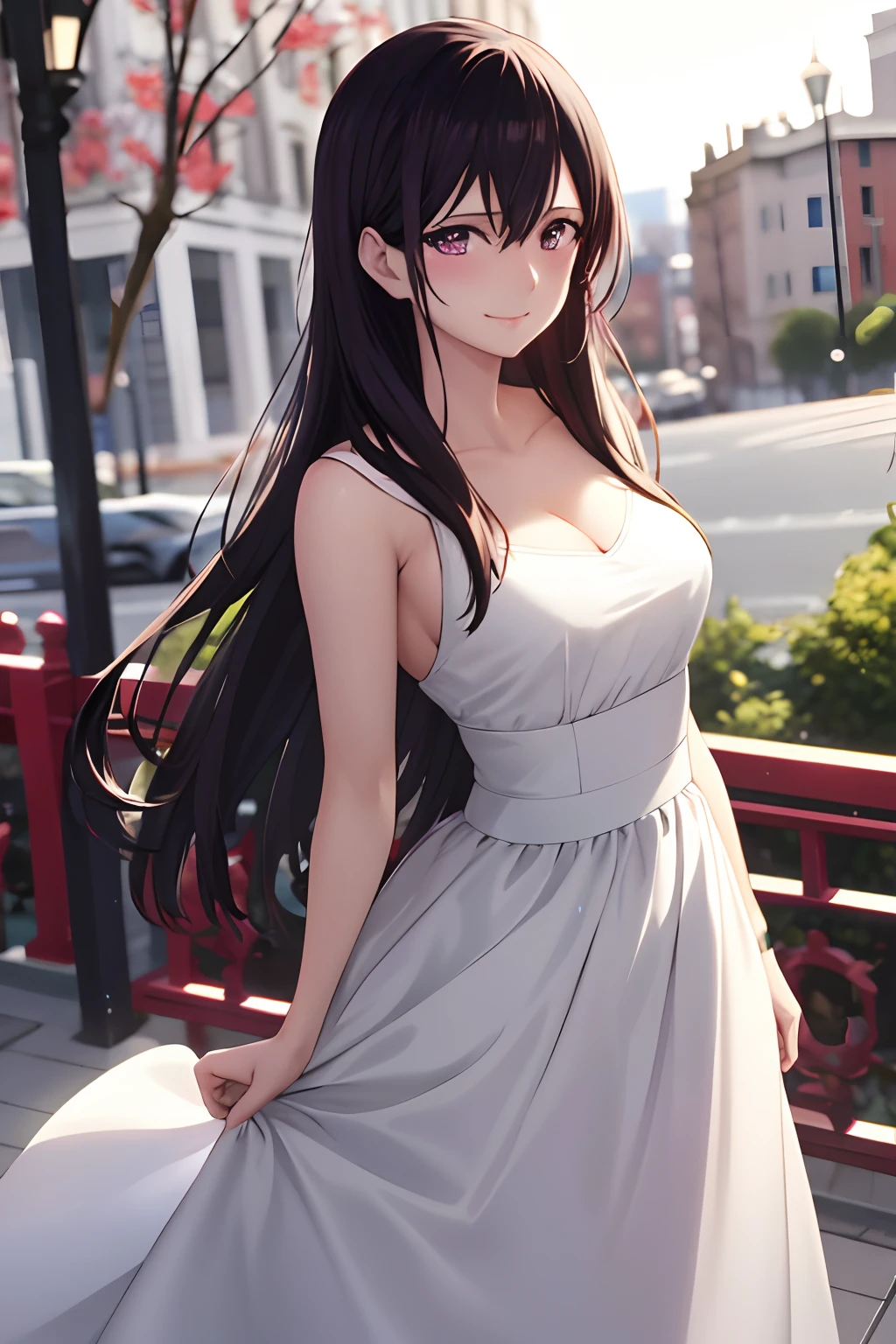 masterpiece, (best quality), 1woman,1girl ,aihara_mei,    long hair, black hair,   purple eyes , wedding Dress , white , princess ,    medium breasts,,sexy woman,  smile, blush, vibrant colors ,,natural lighting  ,RTX,  , beautiful, (detailed face:1.2), showcase, (perfect eyes:1.1) ,(photorealistic:1.1), 8k uhd,  looking at viewer,  outdoors,  simple backround