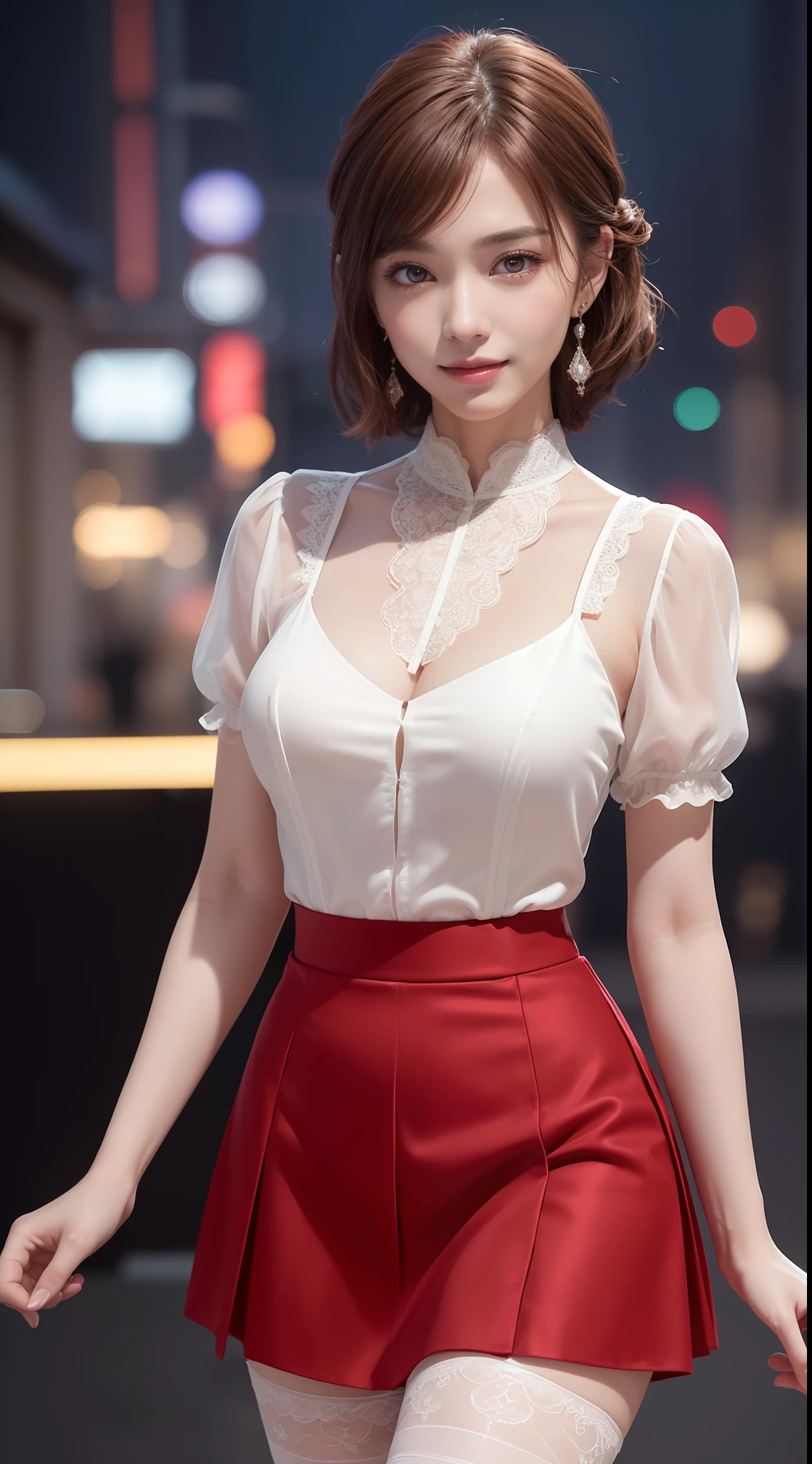 8k, masterpiece, RAW photo, best quality, photorealistic, extremely detailed CG unity 8k wallpaper, Depth of field, Cinematic Light, Lens Flare, Ray tracing, (extremely beautiful face, beautiful lips, beautiful eyes), intricate detail face, ((ultra detailed skin)) 1girl, in the dark, deep shadow, pretty Asian girl, idol, 1 girl, (very slim slender fit-muscled body:1.3), ((looking at viewer)),(big smile:1.3), (tight laced blouse), ((white color blouse)), (short sleeve) , (city night, dark night, (neon sign), (blurred background), dim lights, cityscape, rooftops, beautiful earrings, bracelets, necklace, pantyhose, clear eyes, (pale skin), (big eyes), face forward, ((upper body shot)), (silk red color skirt), (brown hairs),((laced skirt)), (looking at viewer:1.3), open breast, (very slim), medium breasts,((flooming laced)), updo hair, mini skirt, short hair, laced stockings