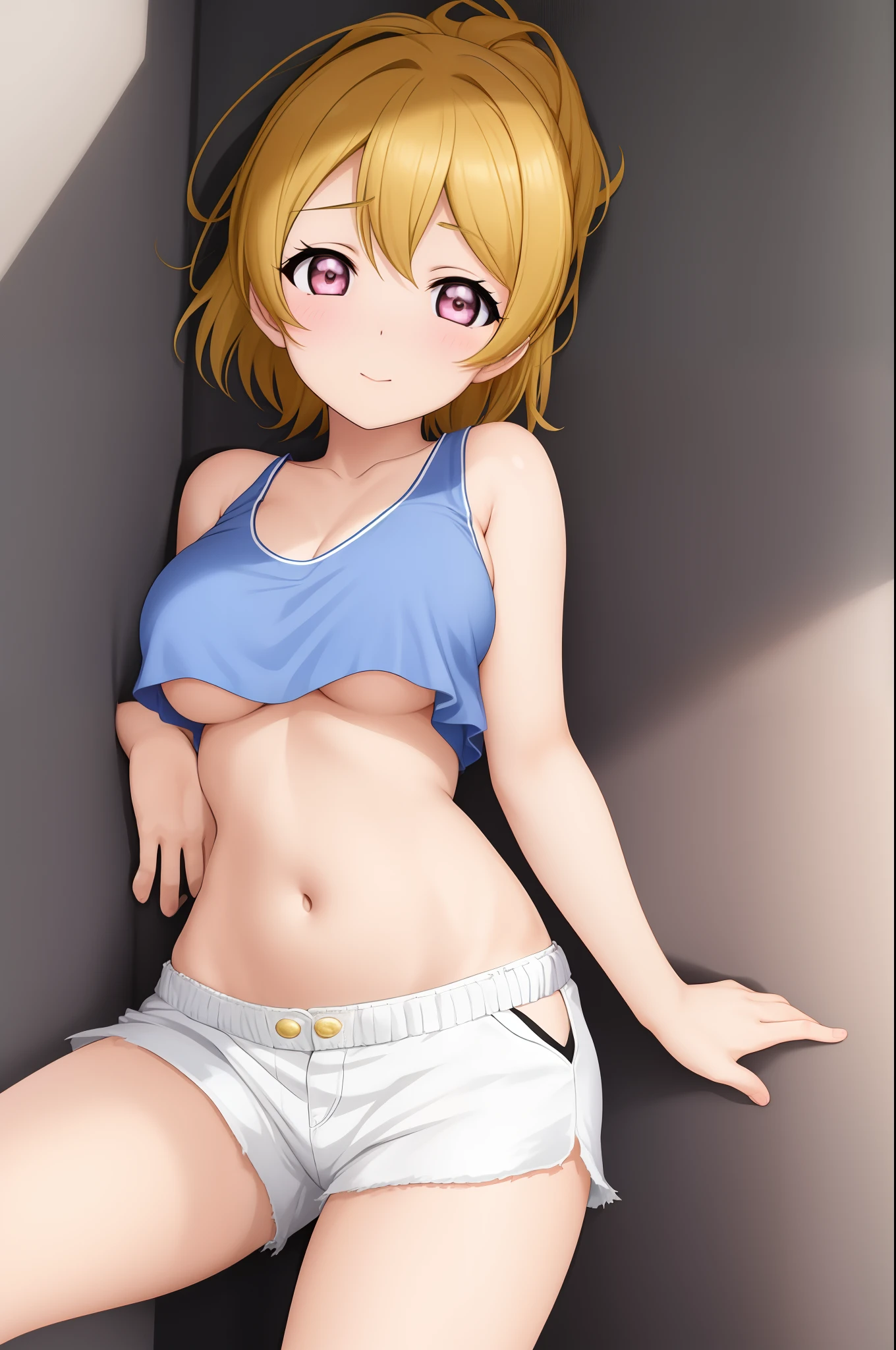 Koizumi hanayo, oversize tank top,side breasts, underboobs,sideboobs, white hot shorts