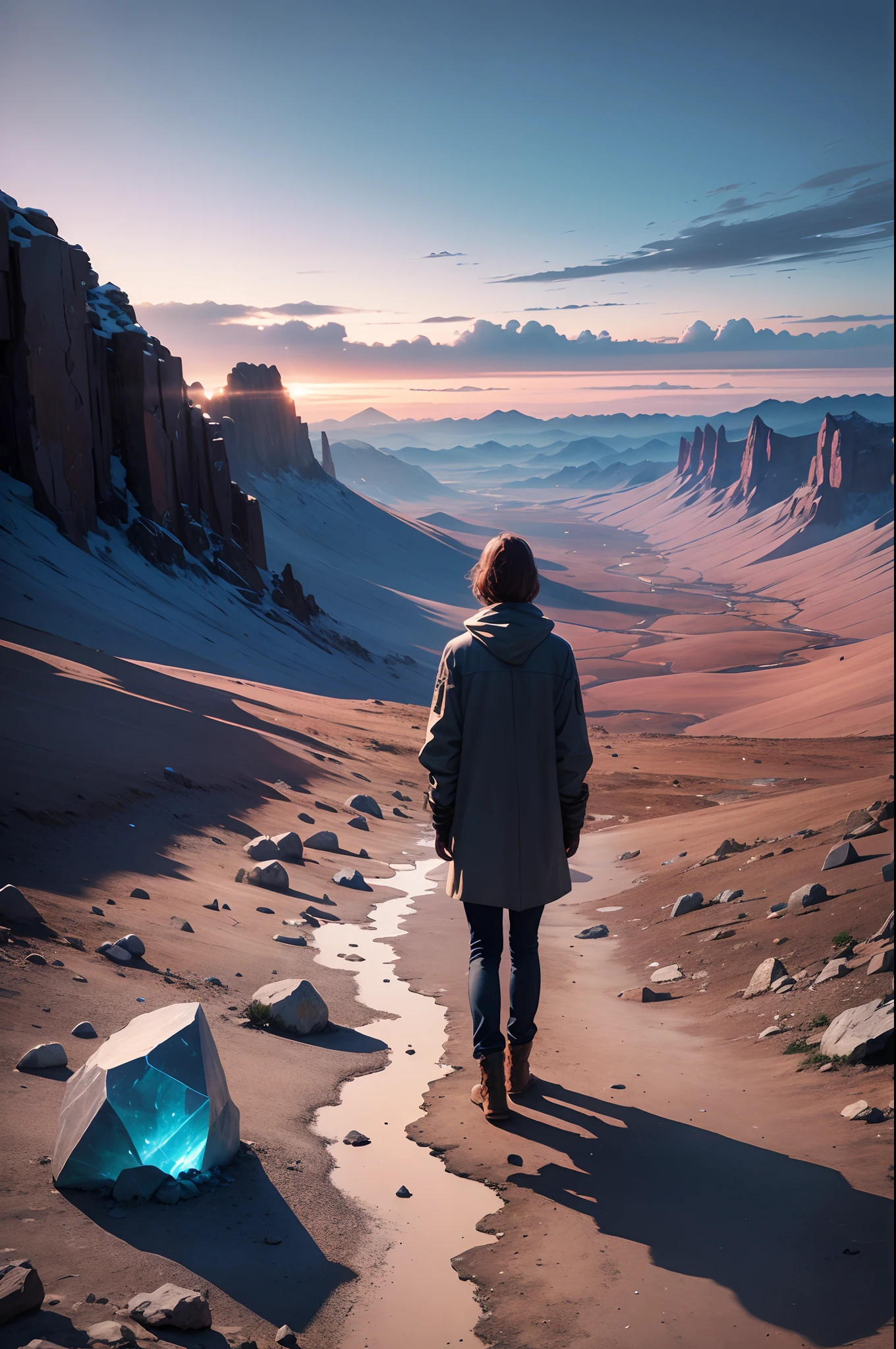 You stand in a broken area smattered with crystalline colorful stones. You can see a town to the south. The temperature is a little cool and the sky is overcast.