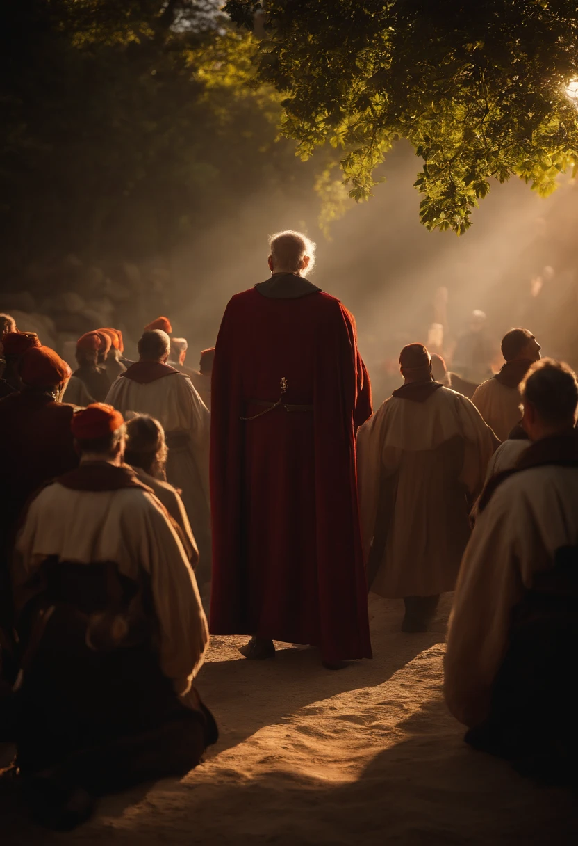 Plan moyen.Torches. Historically accurate Spanish priests 1400, 8k, Plan large, film-like composition, volumettic light, High detail, 8k, Hdr, Realstic, photographie, Angry and violent men, sun light, cinematic, photoreallistic, lighting cinematic, Film filter, mise au point nette, teaching Christianity from naïve Americans