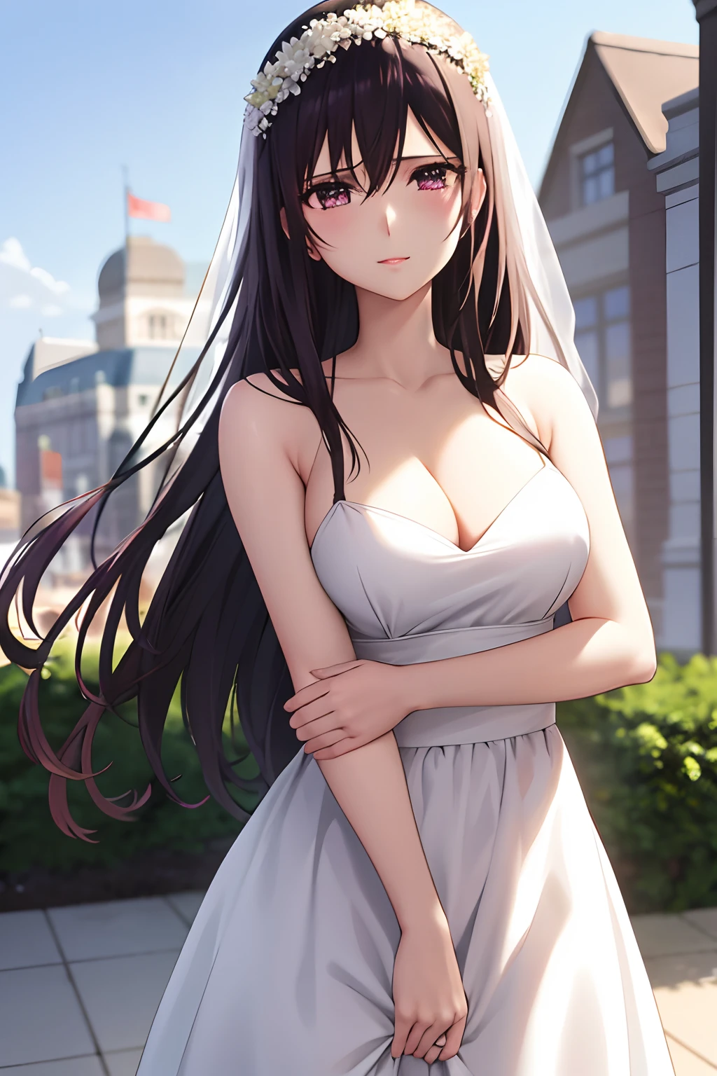 masterpiece, (best quality), 1woman,1girl ,aihara_mei,    long hair, black hair,   purple eyes , wedding Dress , white , princess ,flowers    medium breasts,,sexy woman,  princess carry, smile, blush, vibrant colors ,,natural lighting  ,RTX,  , beautiful, (detailed face:1.2), showcase, (perfect eyes:1.1) ,(photorealistic:1.1), 8k uhd,  looking at viewer,  outdoors,  simple backround