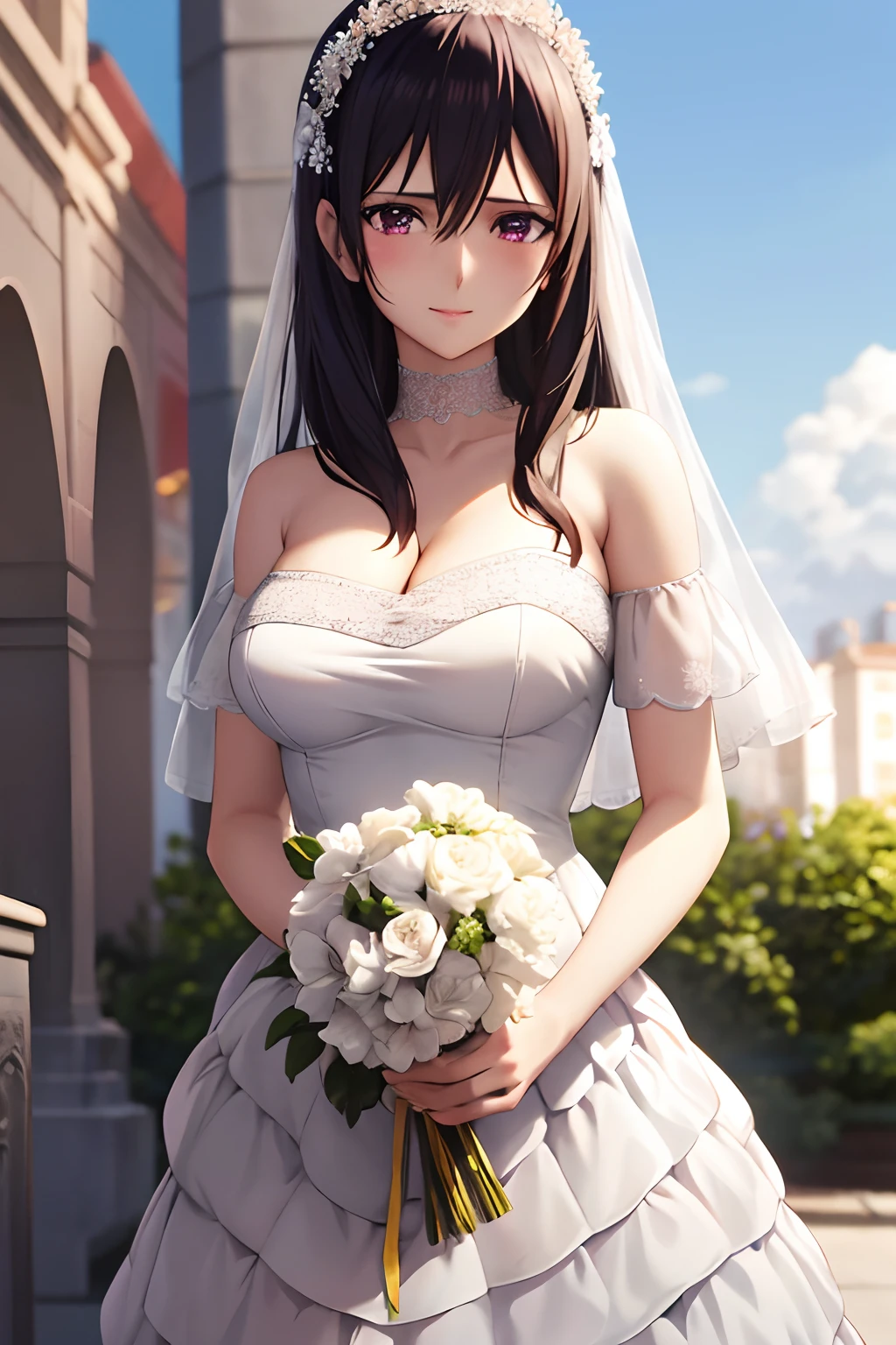 masterpiece, (best quality), 1woman,1girl ,aihara_mei,    long hair, black hair,   purple eyes , wedding Dress , white , princess ,flowers    medium breasts,,sexy woman,  princess carry, smile, blush, vibrant colors ,,natural lighting  ,RTX,  , beautiful, (detailed face:1.2), showcase, (perfect eyes:1.1) ,(photorealistic:1.1), 8k uhd,  looking at viewer,  outdoors,  simple backround