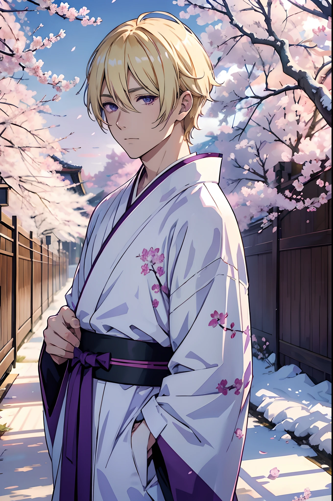 Anime Blonde man in kimono, Purple sky, White cherry blossoms, higly detailed, Purple clouds, white colored hair