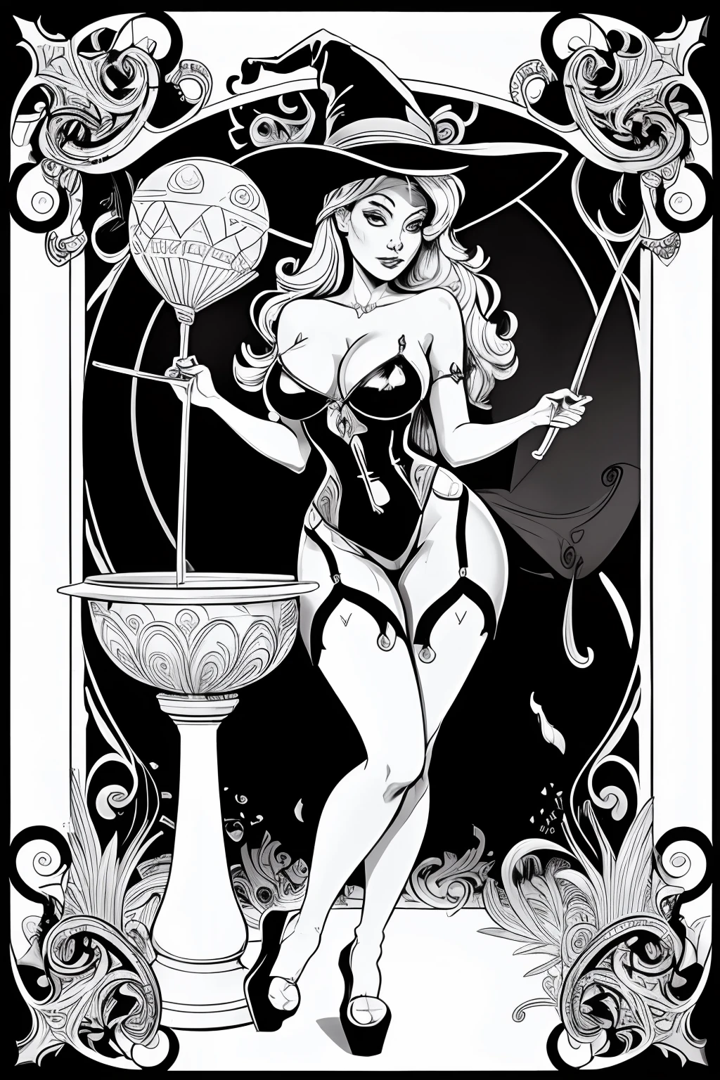 Create an adult coloring page featuring a y witch stirring her cauldron, high detail art, dynamic pose, witches hat, full body, bigexy outfit, nsafe for work, black and white only, line art, coloring page