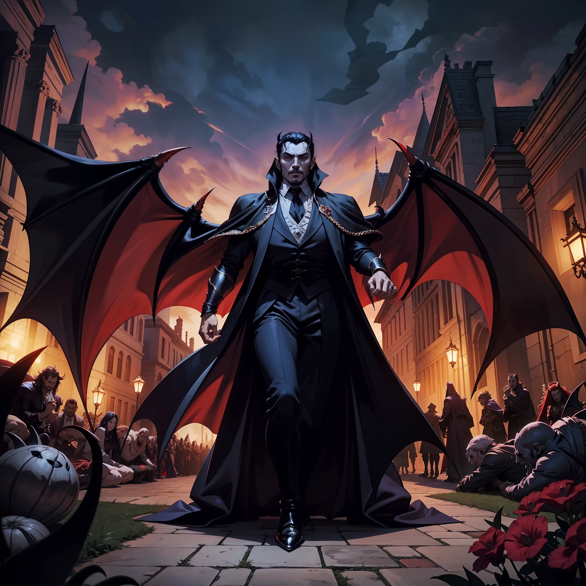 Groupe of demons surrounding great Legendary Lord Dracula hyper réaliste super detailed Dynamic shot master piece scene cinématique scènes movie Epic Legendary perspective
