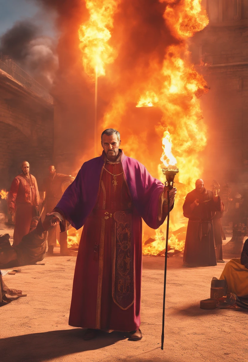 Plan moyen.Torches. Historically accurate Spanish priests 1400, 8k, Plan large, film-like composition, volumettic light, High detail, 8k, Hdr, Realstic, photographie, Angry and violent men, sun light, cinematic, photoreallistic, lighting cinematic, Film filter, mise au point nette, teaching Christianity from naïve Americans