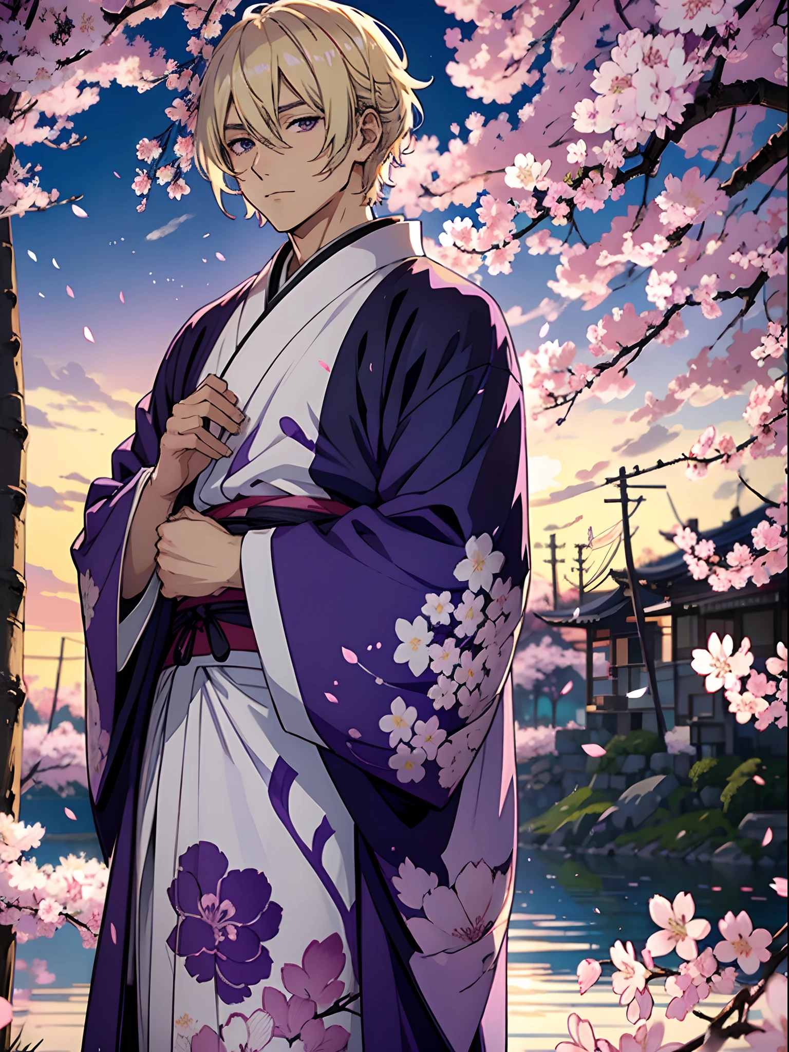Anime Blonde man in kimono, Purple sky, White cherry blossoms, higly detailed, Purple clouds, white colored hair