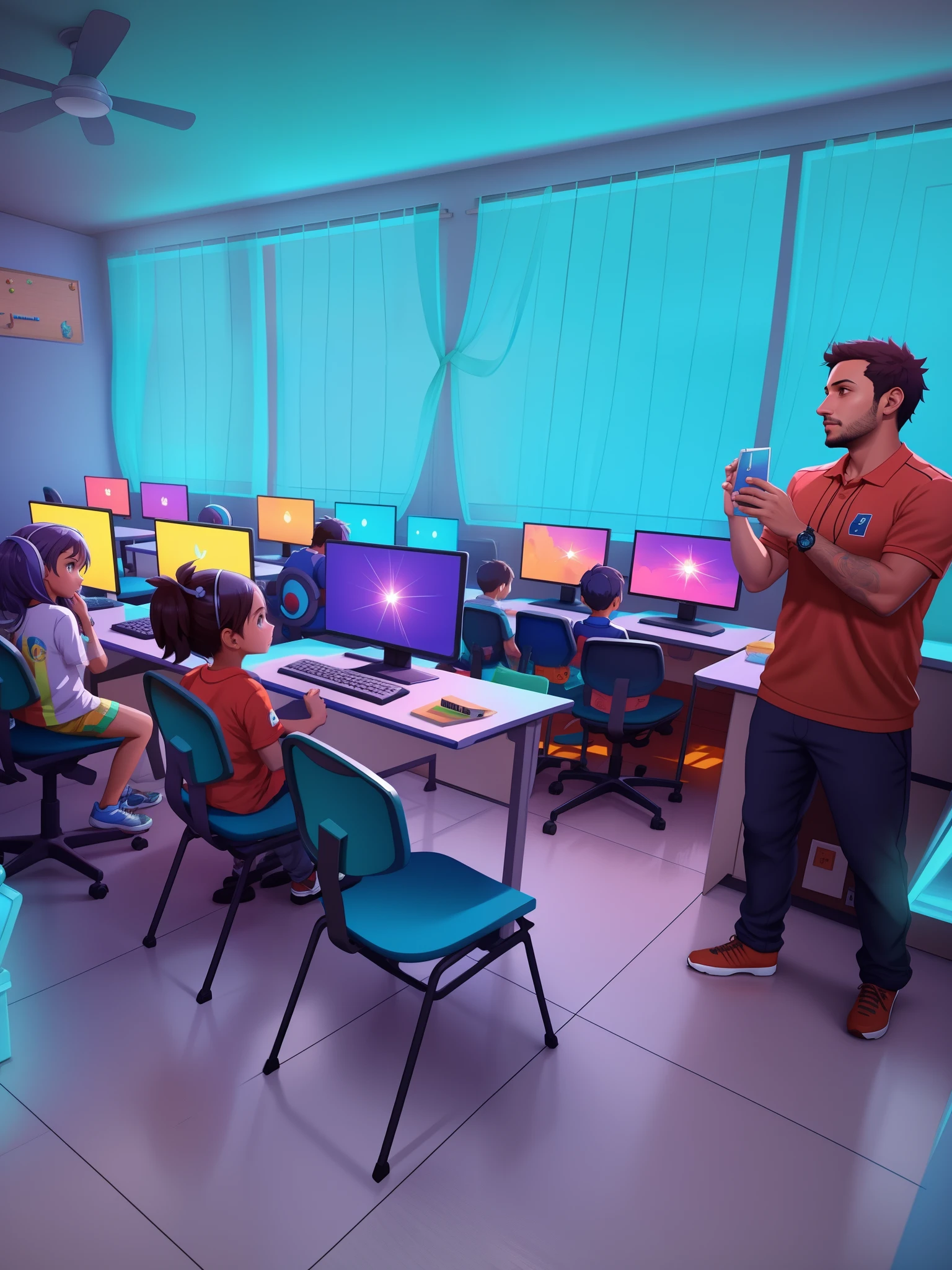 Image of a man standing in front of a classroom full of children, sala de jogos em 2 0 4 0, Cyril Rolando e Goro Fujita, Arte infantil em Artstation, arte digital #OneShotGame, arte de jogos de computador, 3 d render bipe, Arte do jogo 3D, arte conceitual do metaverso, Arte do jogo 3D