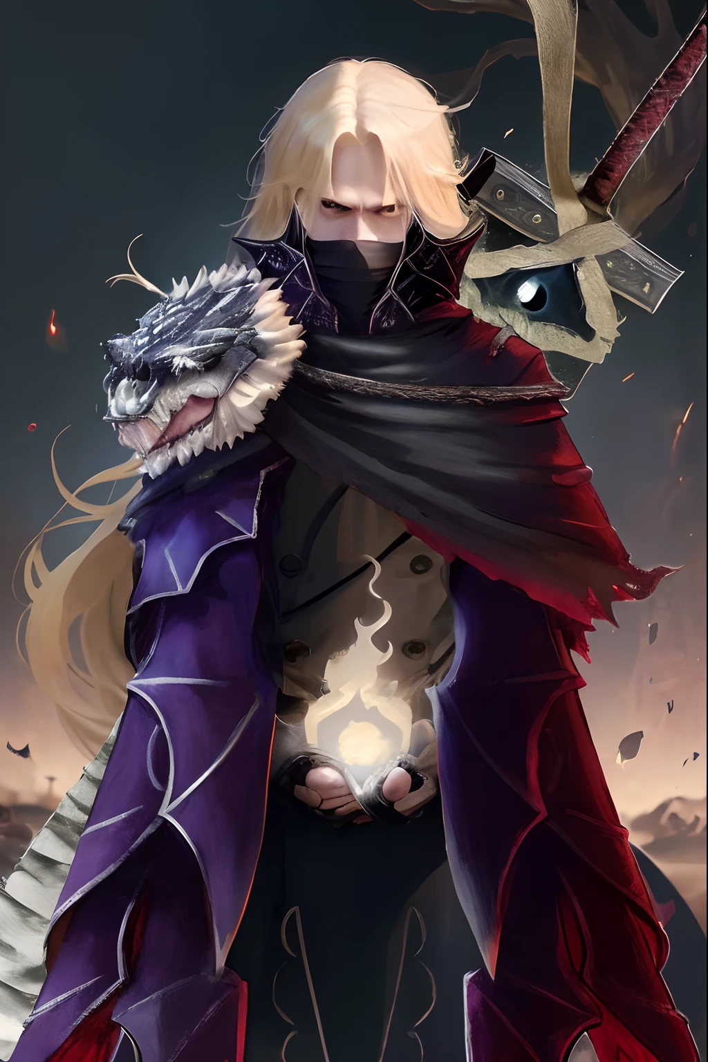 A Rob Nocturn of Creatures, have a long blonde hair, in back have a big and long sword whit white tracks envolved in ther