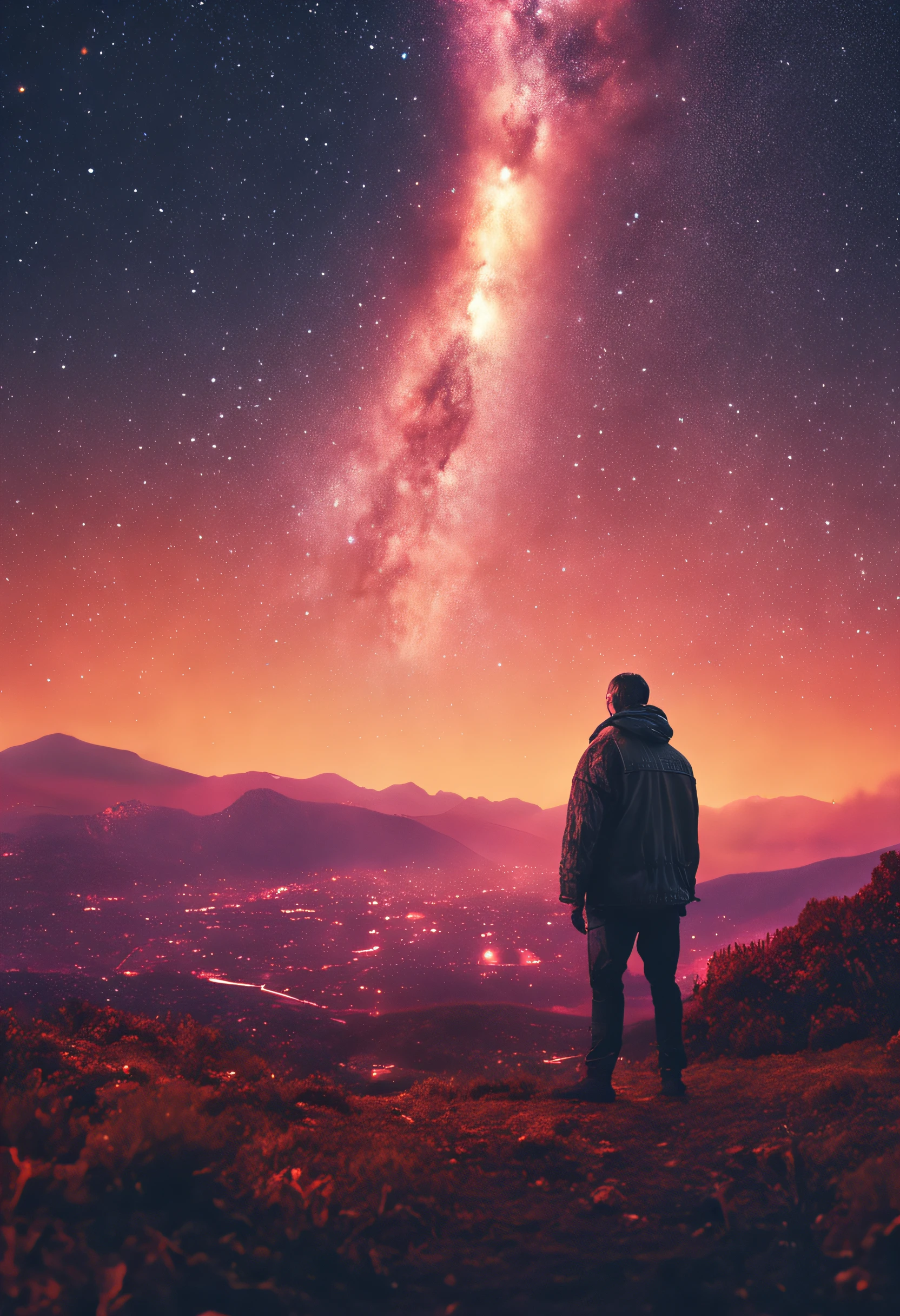 A man stands in front of a starry sky