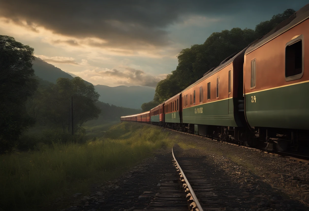 A train line and a train passing without releasing smoke.(melhor qualidade,4k,8k,Alto,master part:1.2),ultra-detalhado,[Realistic,fotorrealista,photo-realistic:1.37] Retrato, [Cores escuras e misteriosas], [Subtle and dim lighting], [textura vintage e antiga].
