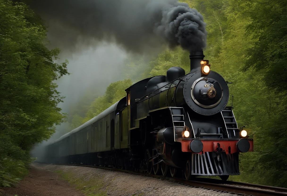A train line and a train passing without releasing smoke.(melhor qualidade,4k,8k,Alto,master part:1.2),ultra-detalhado,[Realistic,fotorrealista,photo-realistic:1.37] Retrato, [Cores escuras e misteriosas], [Subtle and dim lighting], [textura vintage e antiga].