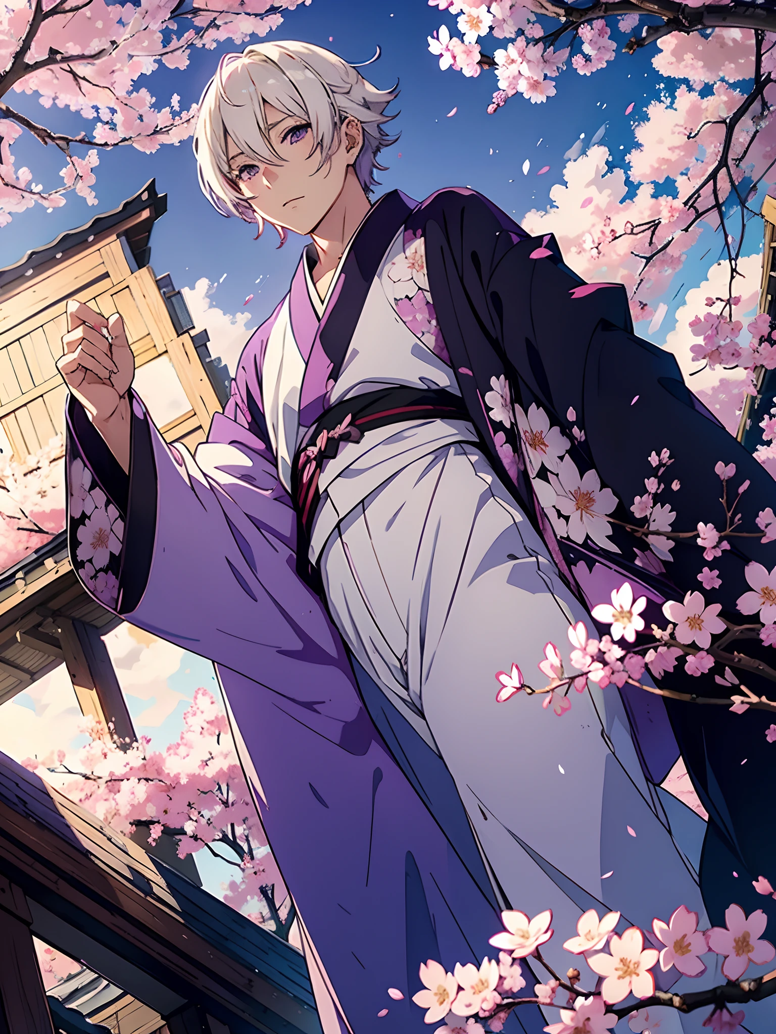 Anime Blonde in kimono, Purple sky, White cherry blossoms, higly detailed, Purple clouds, white colored hair