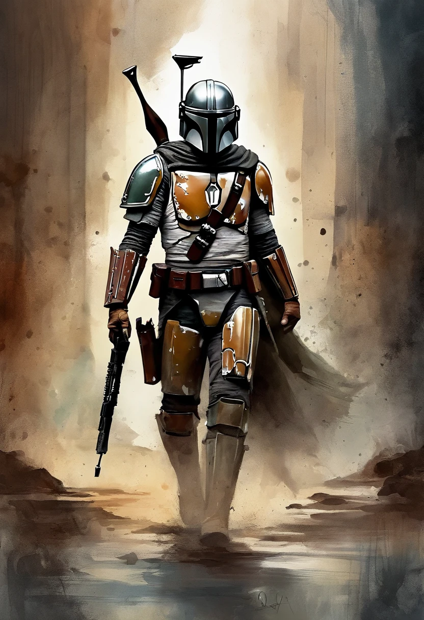 The Mandalorian Ink drawing, digital illustration, Comic strip style, Watercolor, playing a slot machine, artstation style, Conceptual art, 2D illustration, by Peter Draws, by Carne Griffiths, by Wadim Kashin, Full body, centered,Detailed, smooth, dynamic pose, --v 5.1 --ar 3:4